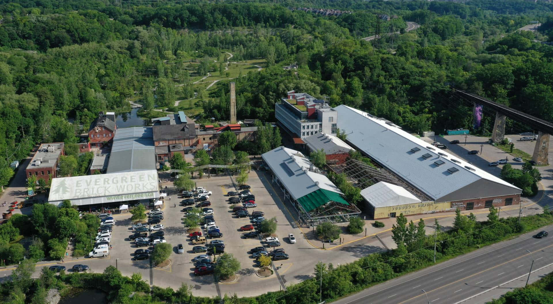 Evergreen Brick Works, aerial view, industrial complex, Full HD Desktop Wallpaper