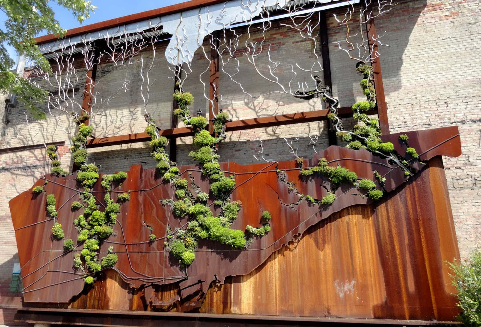 Evergreen Brick Works, moss, rusted metal sculpture, HD Desktop Wallpaper