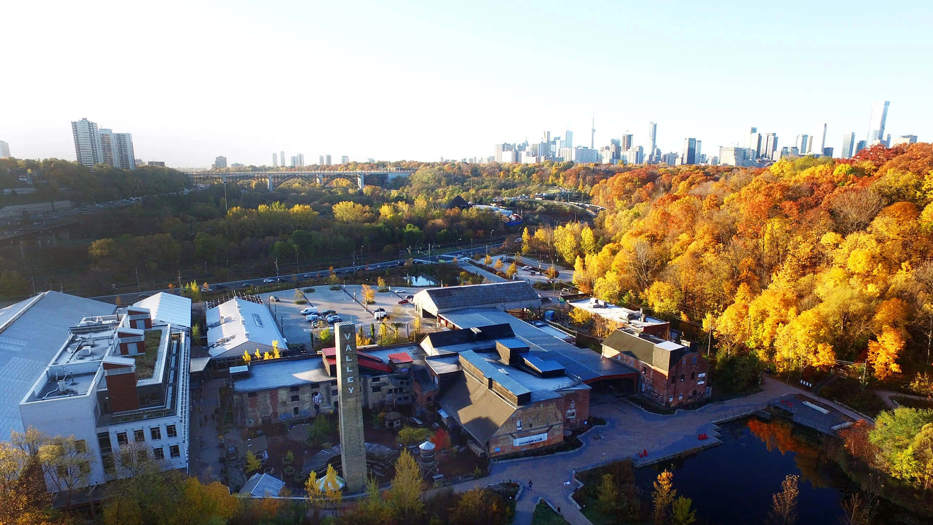 Evergreen Brick Works, autumn foliage, industrial buildings, Full HD Desktop Wallpaper