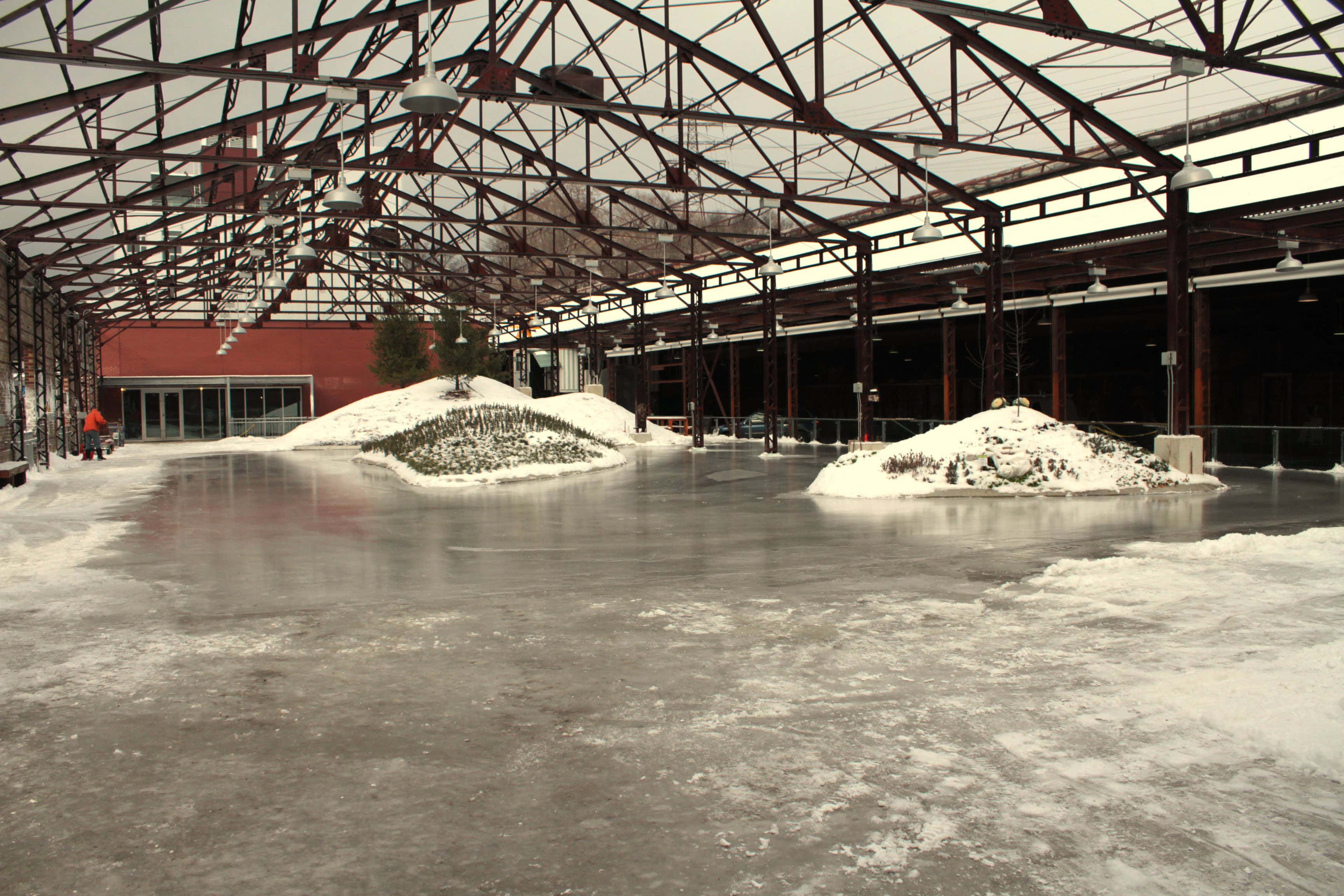 Evergreen Brick Works, frozen indoor rink, vast industrial steel roof, 2K Desktop Wallpaper