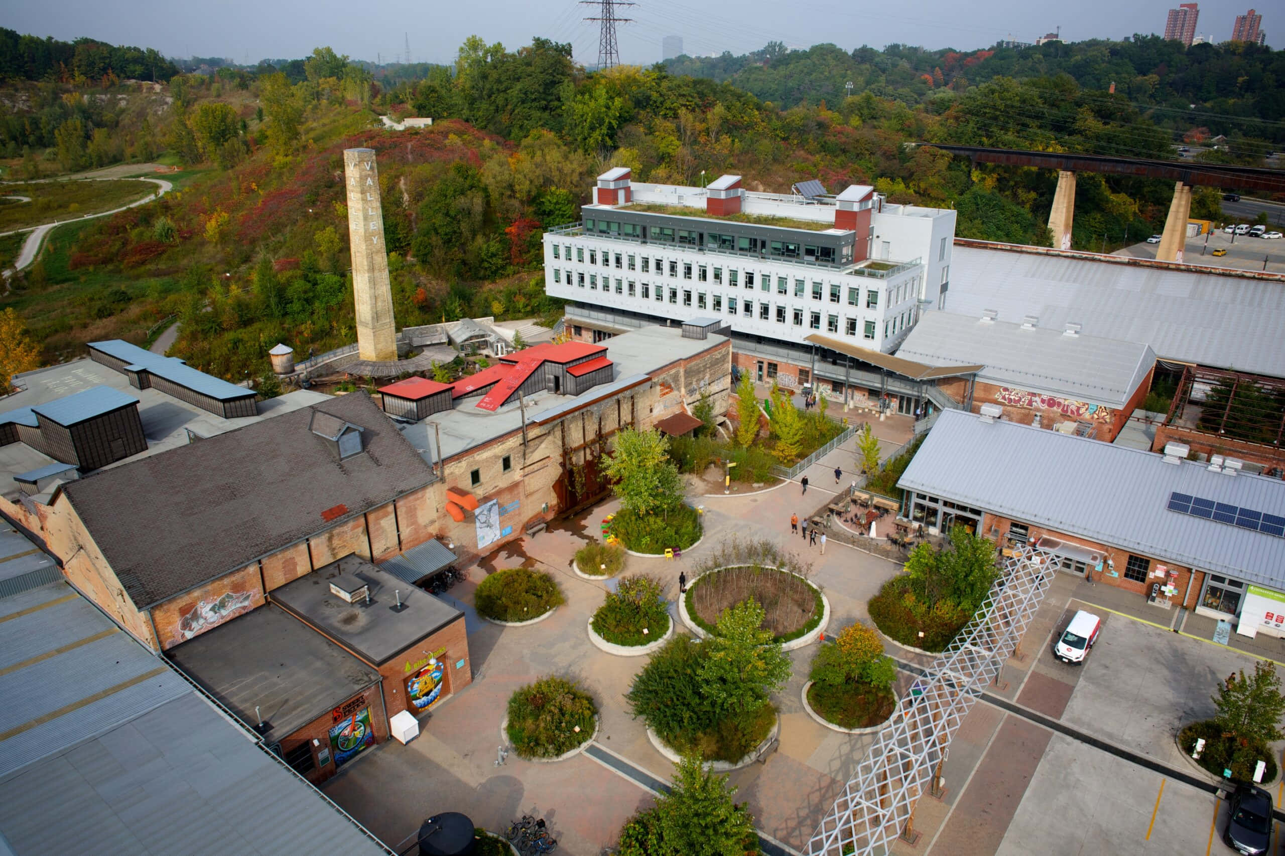 Evergreen Brick Works, aerial view, repurposed industrial complex, 2K Desktop Wallpaper