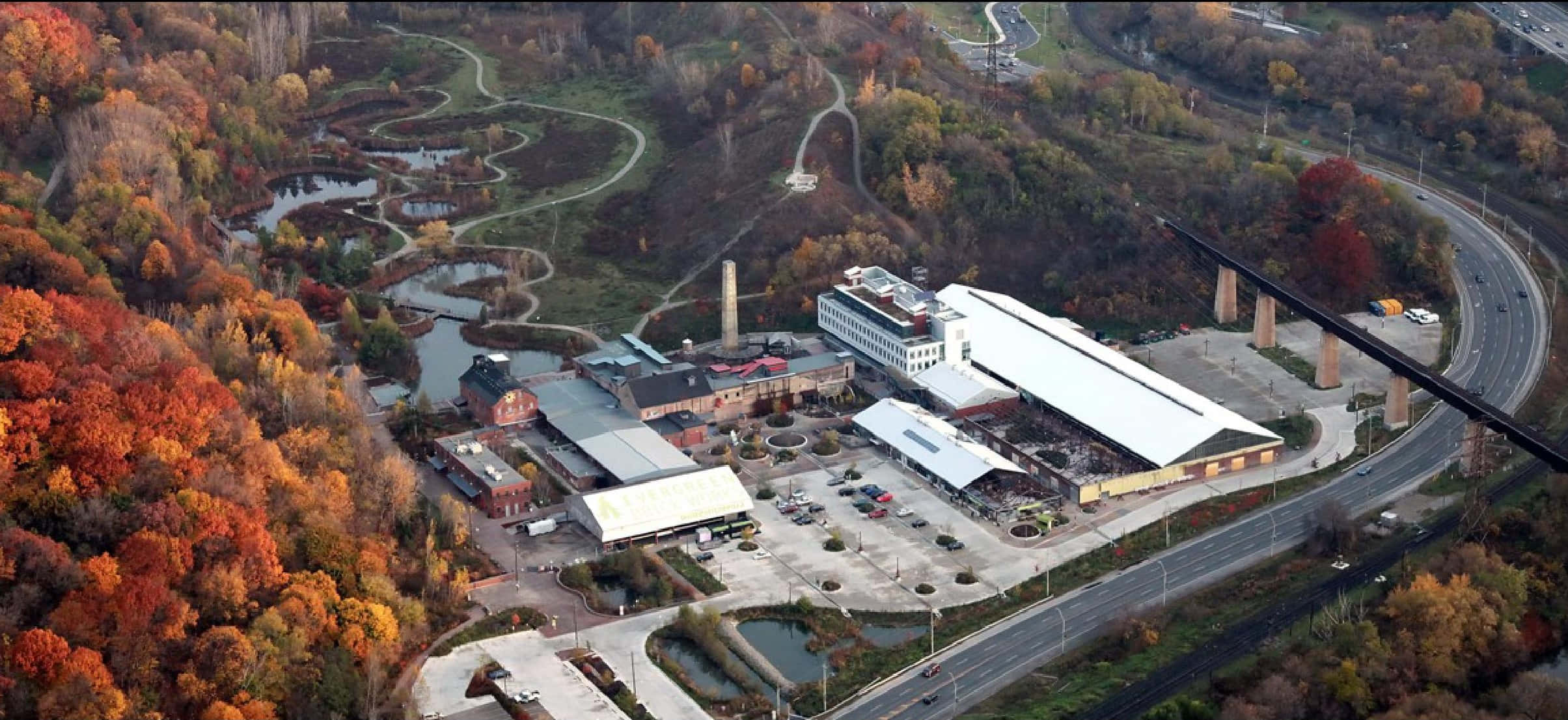 Evergreen Brick Works, autumn foliage, winding roads, Full HD Desktop Wallpaper