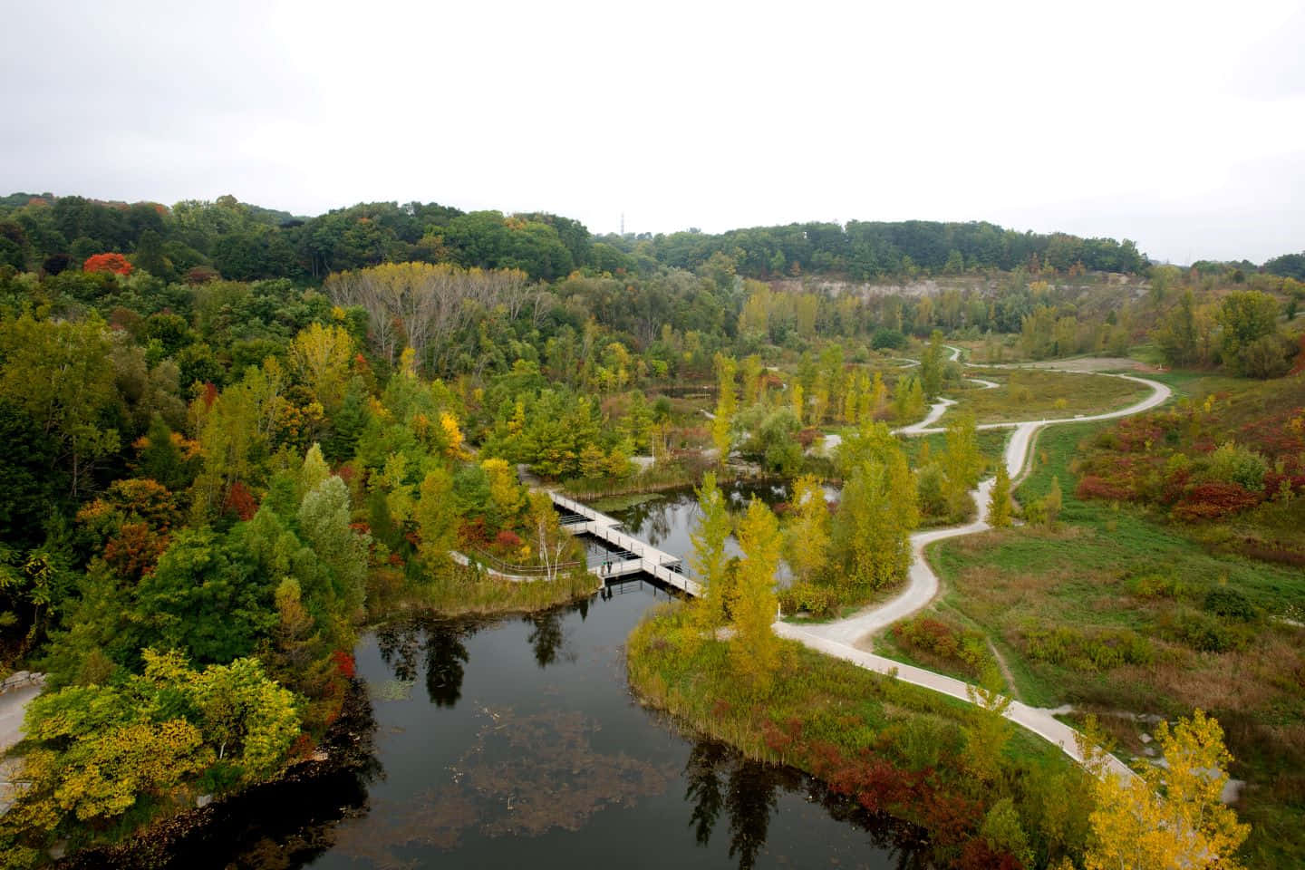 Evergreen Brick Works, autumn foliage, winding paths, HD Desktop Wallpaper