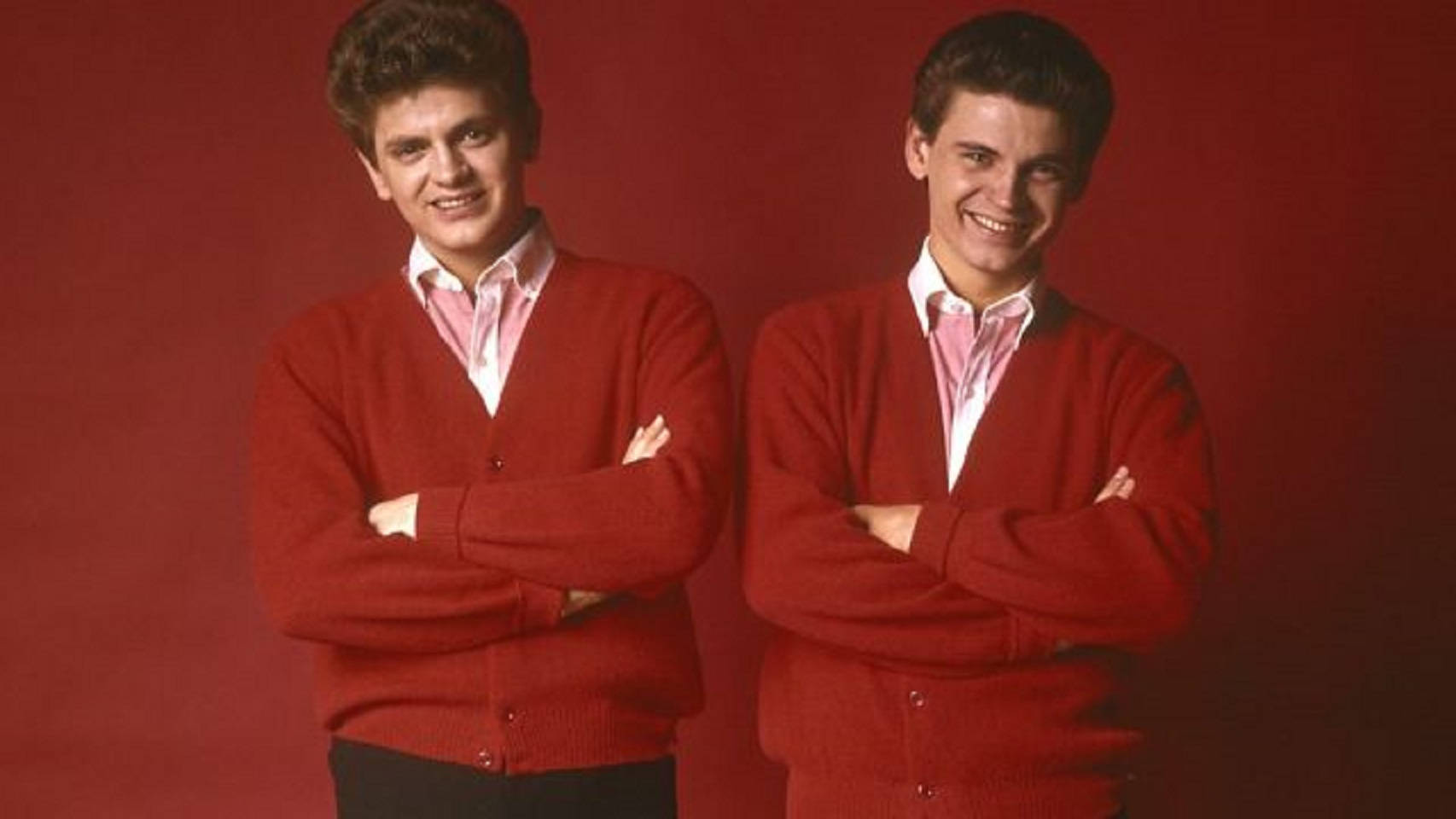 Everly Brothers, red cardigans, solid red studio backdrop, HD Desktop Wallpaper