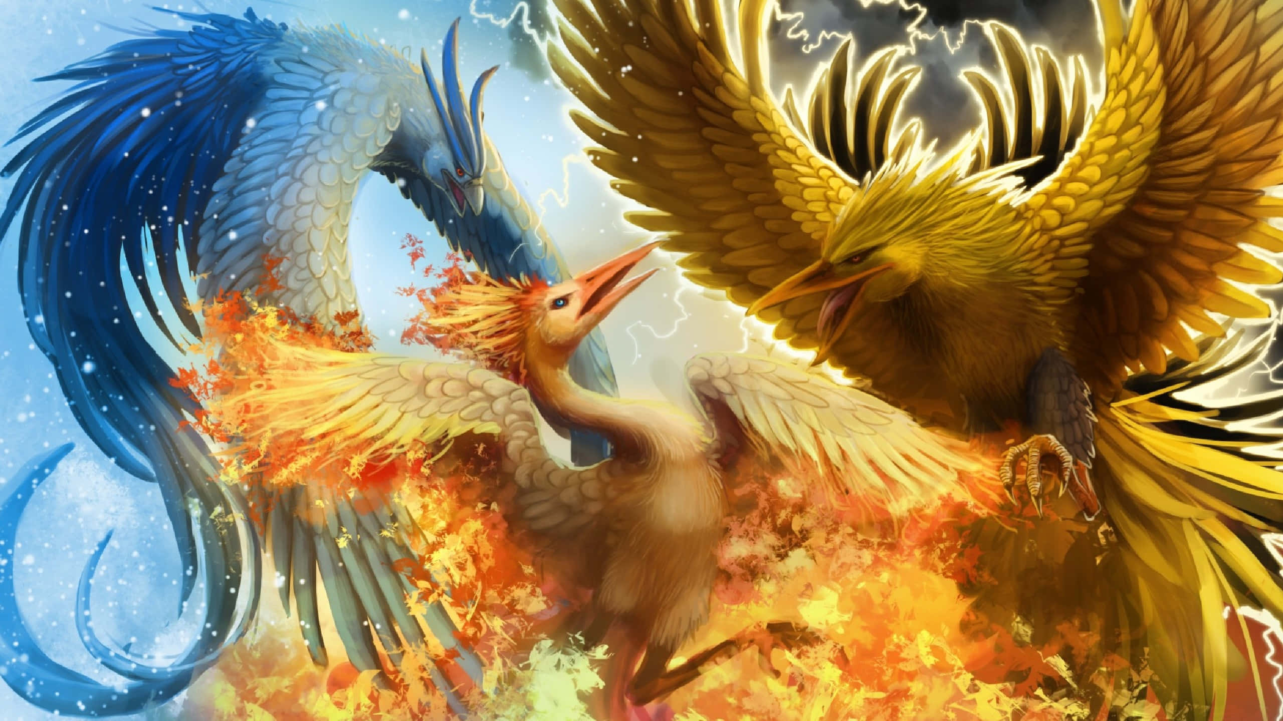 phoenix, fiery golden, majestic blue, 2K Desktop Wallpaper