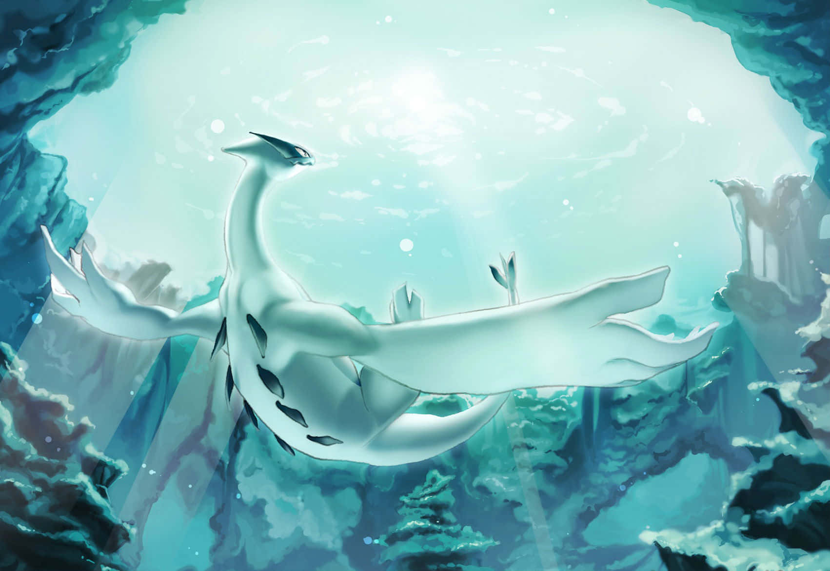 white legendary Pokémon, glowing turquoise cavern, floating light particles, HD Desktop Wallpaper
