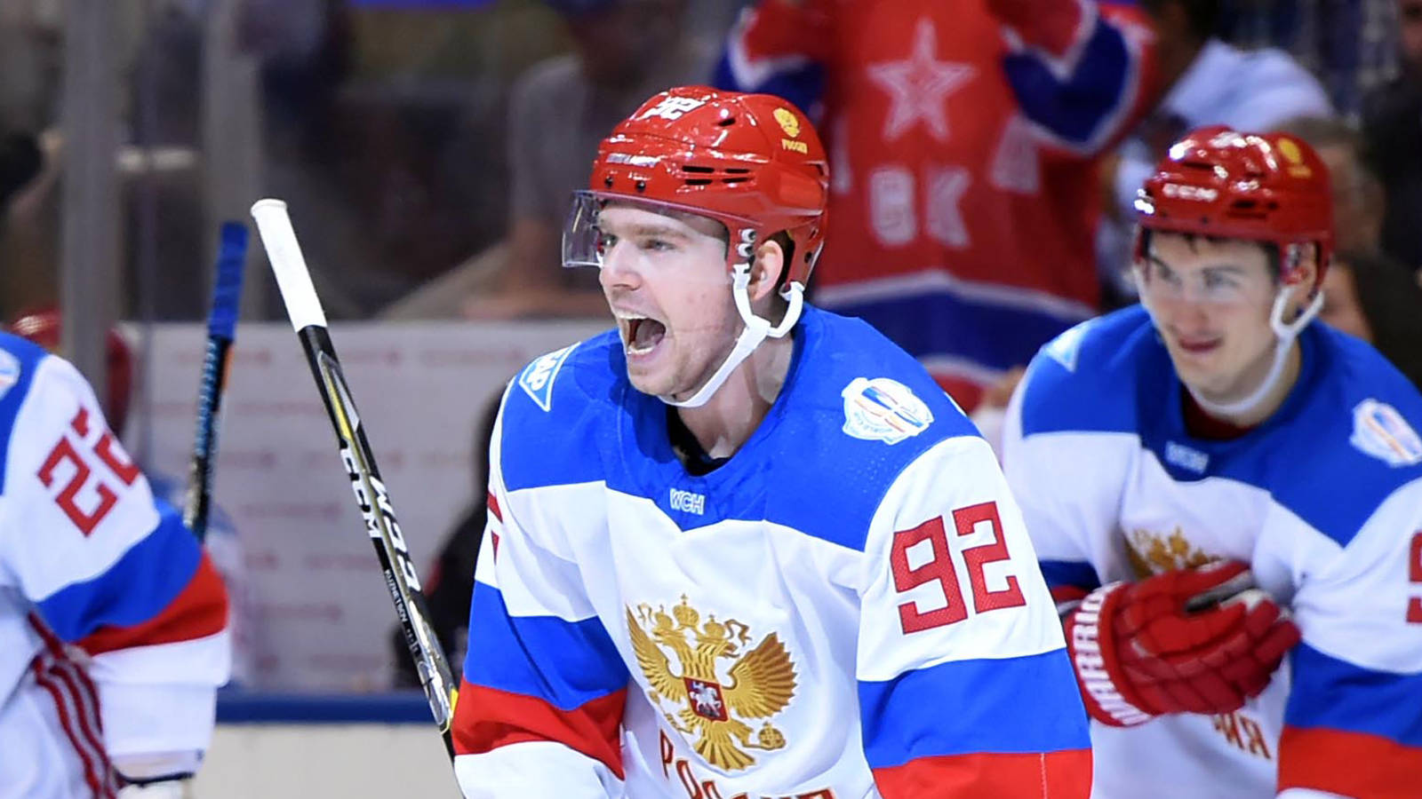 Evgeny Kuznetsov, blue white and red uniform, ice hockey player, HD Desktop Wallpaper