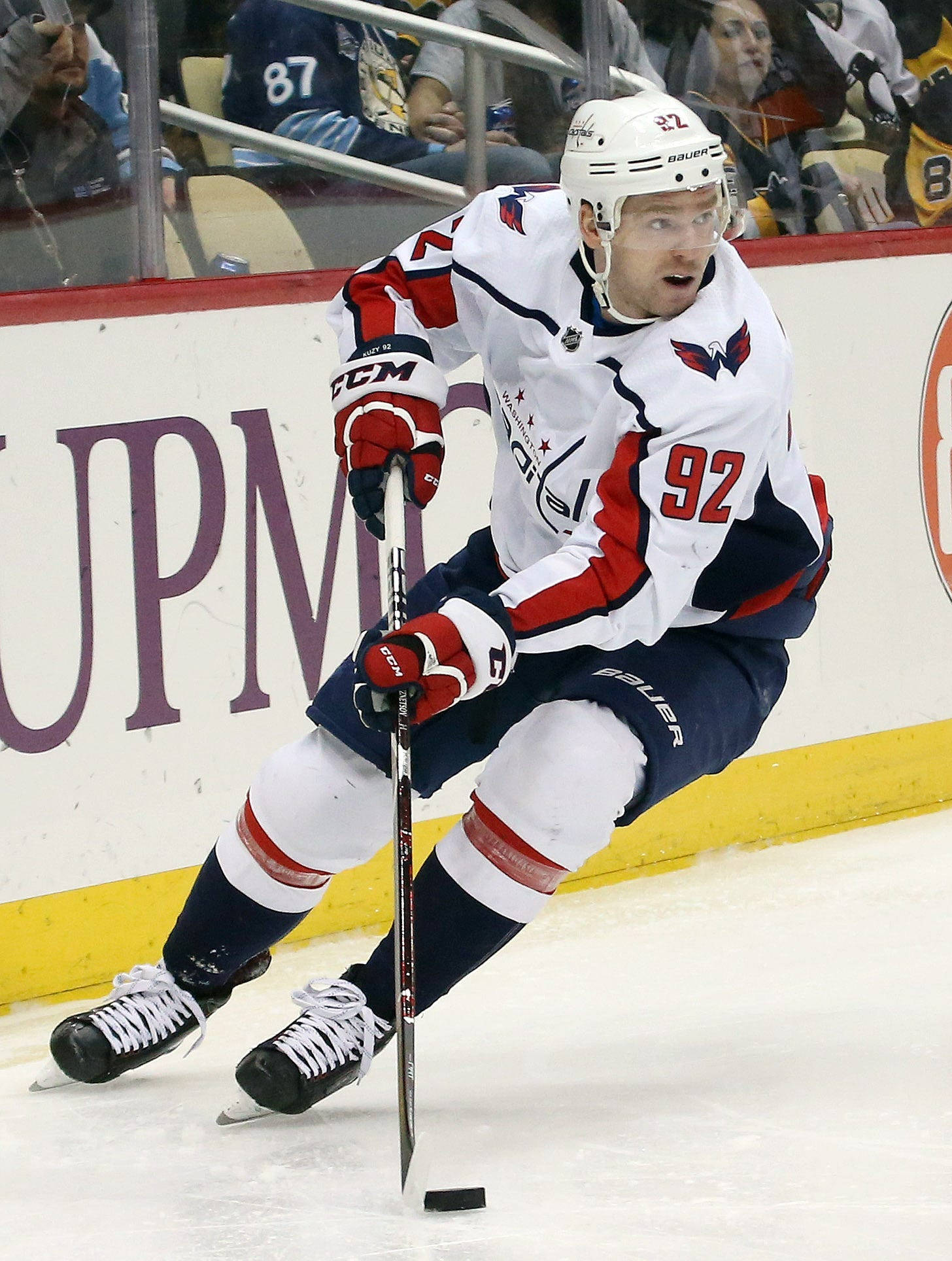 Evgeny Kuznetsov, white red and blue uniform, puck, Full HD Phone Wallpaper