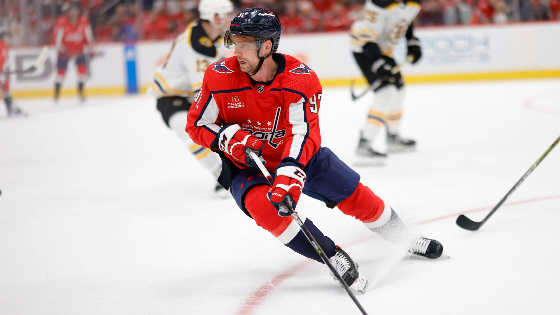 Evgeny Kuznetsov, red jersey, ice, Full HD Desktop Wallpaper