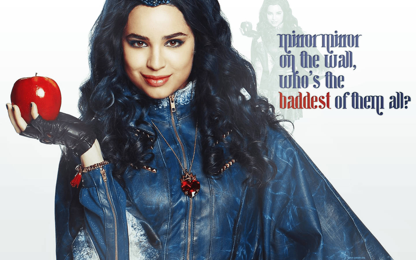 Evie Descendants, red apple, blue leather jacket, HD Desktop Wallpaper