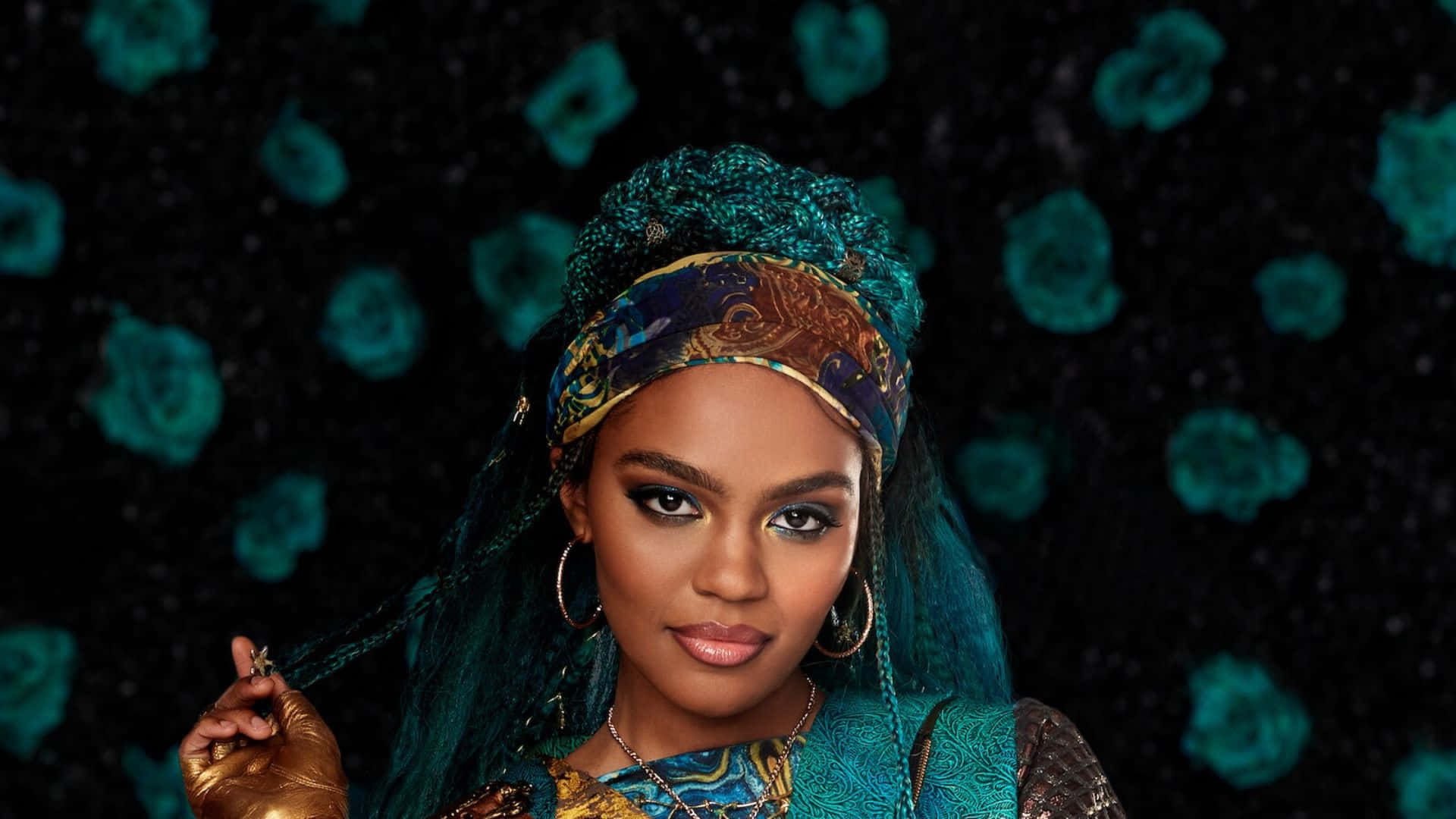 Evie, teal braids, ornate headwrap, Full HD Desktop Wallpaper