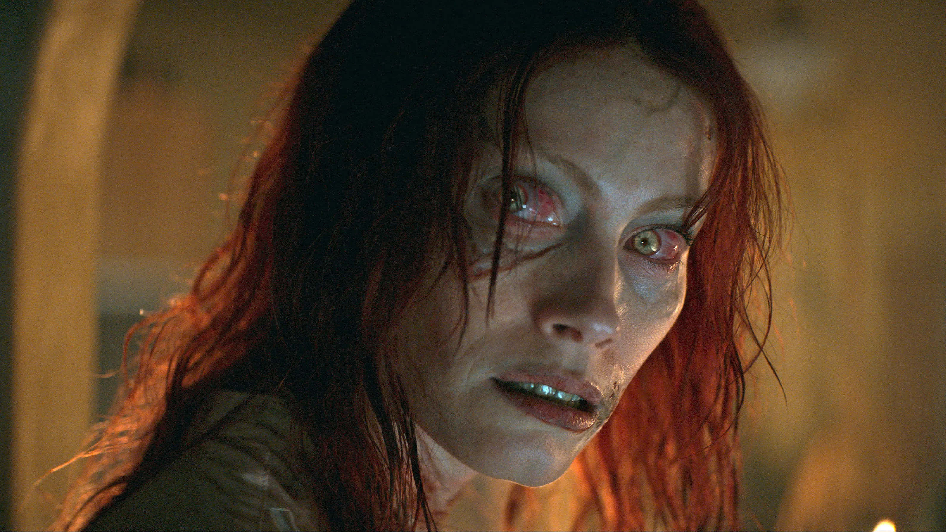 Evil Dead Rise, demonic transformation, wet red hair, 2K Desktop Wallpaper