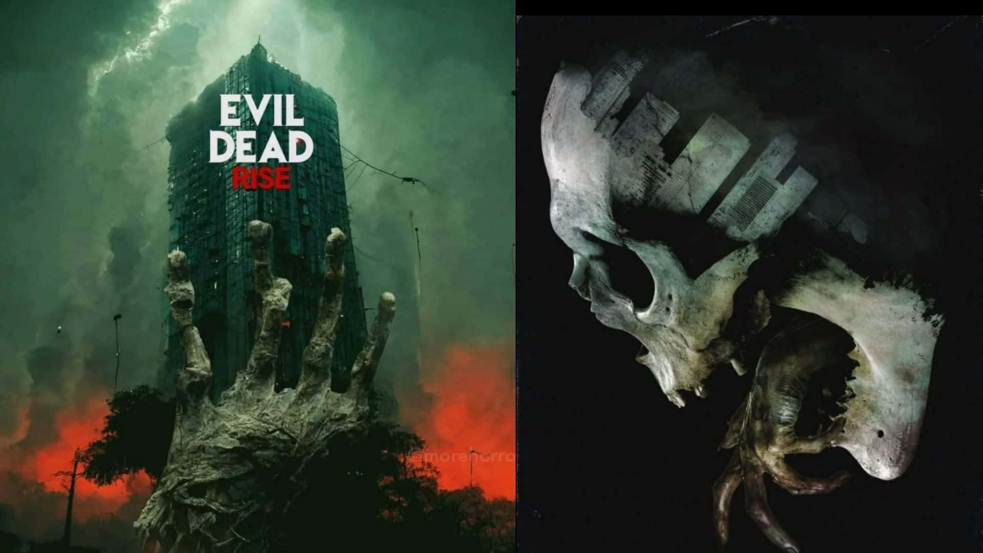 Evil Dead Rise, skull graphic overlay, stormy green and red sky, Full HD Desktop Wallpaper