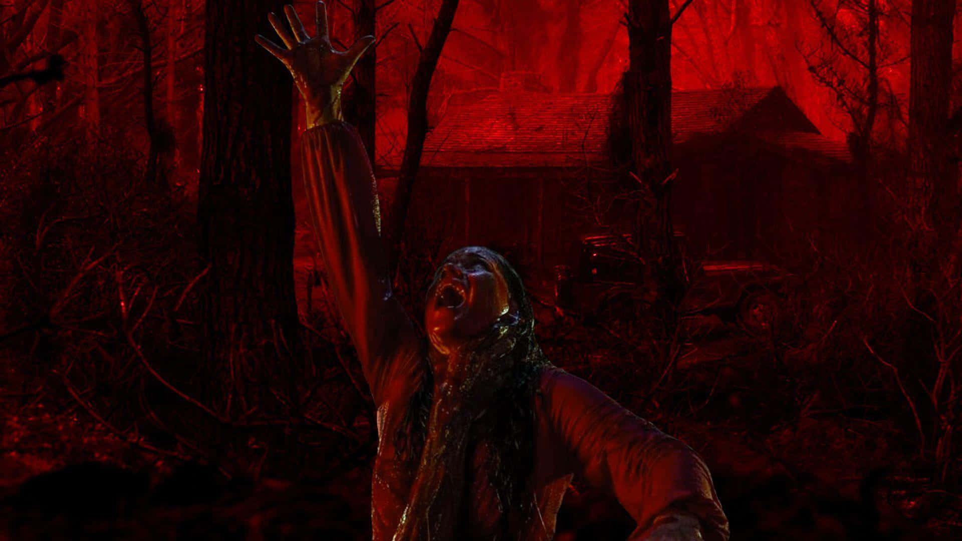 Evil Dead Rise, screaming character, blood-red forest, Full HD Desktop Wallpaper