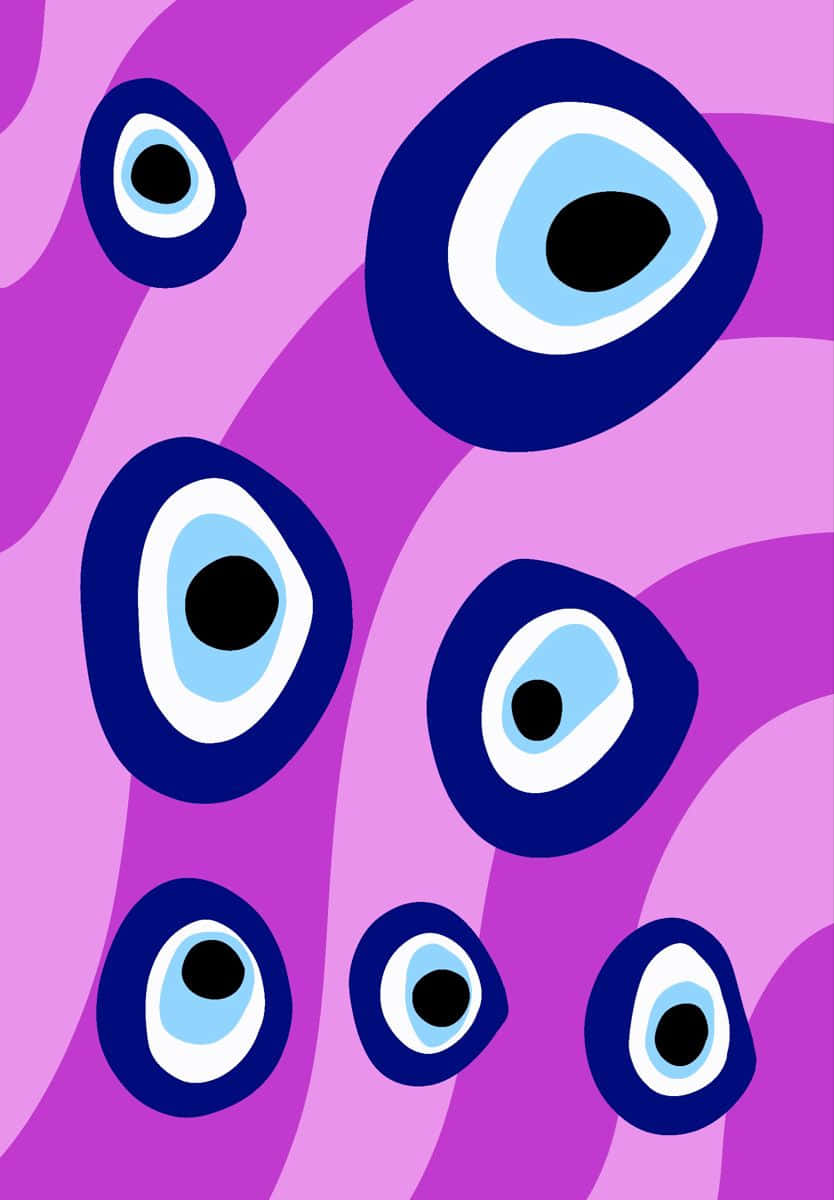 Pink Evil Eye Pattern, vibrant purple background, bold blue and white stylized eyes, SD Phone Wallpaper