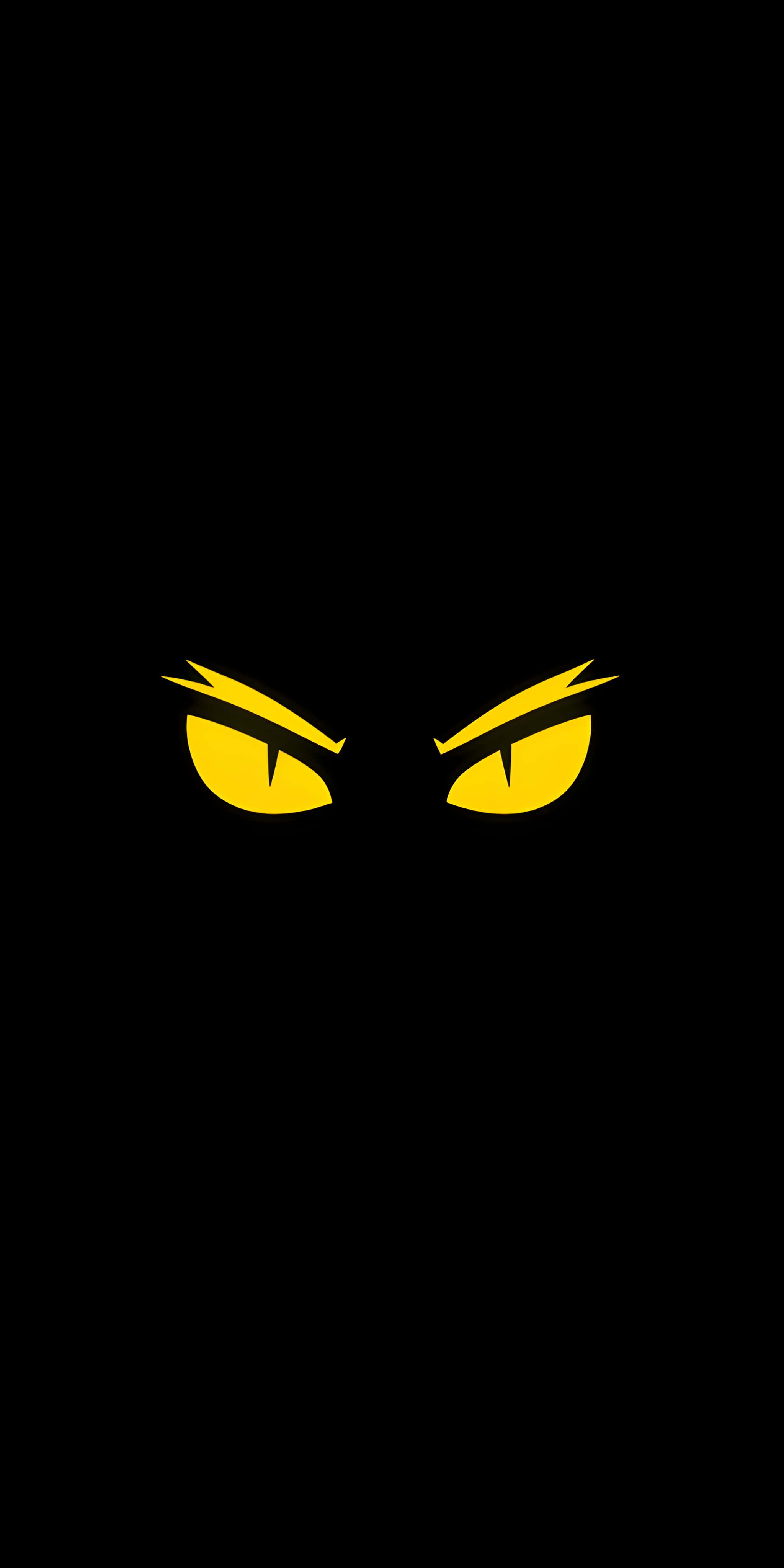glowing yellow cat eyes, sharp eyebrows, pure black background, 4K Phone Wallpaper