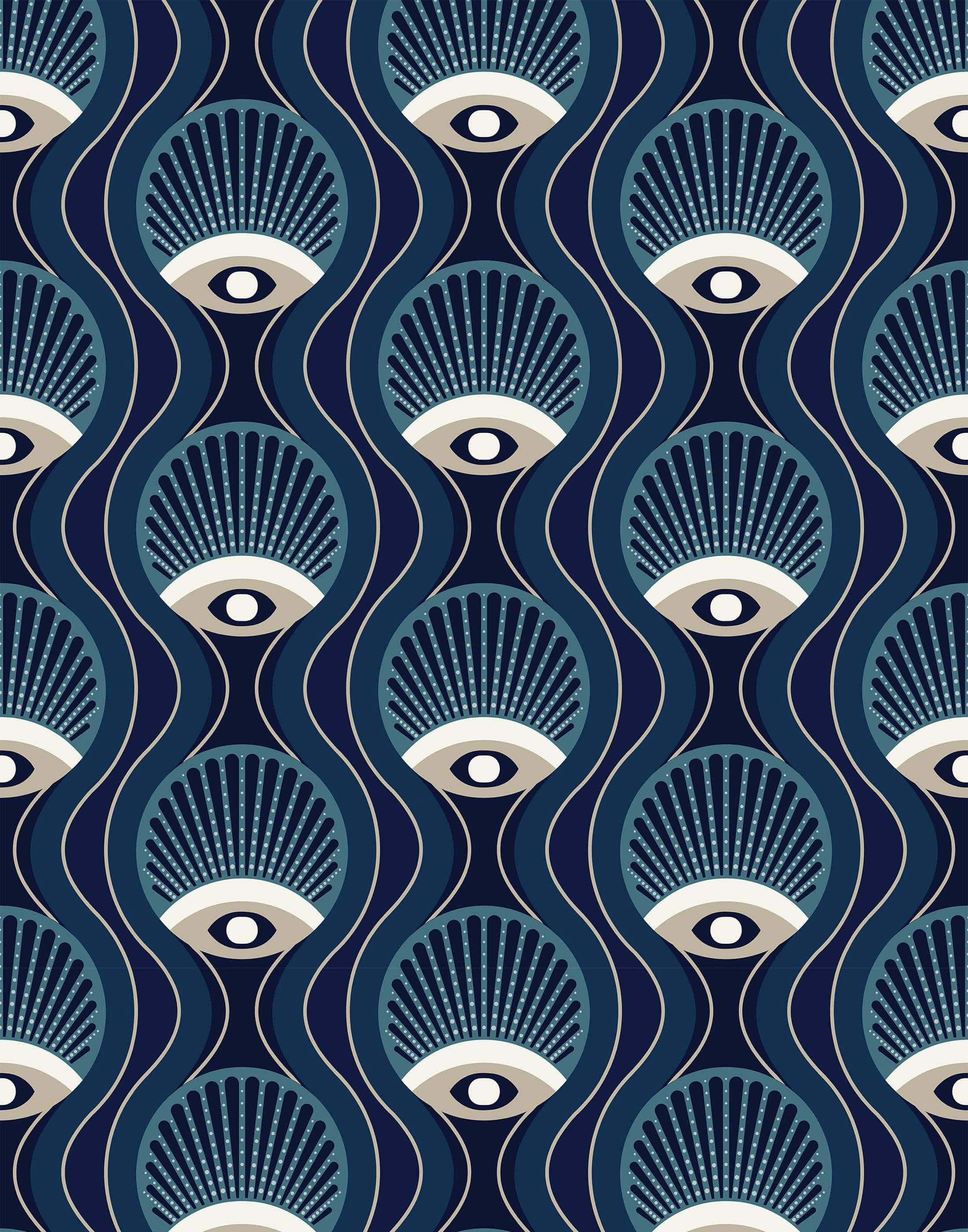 Evil Eye Pattern, navy blue waves, white eyes, 2K Phone Wallpaper
