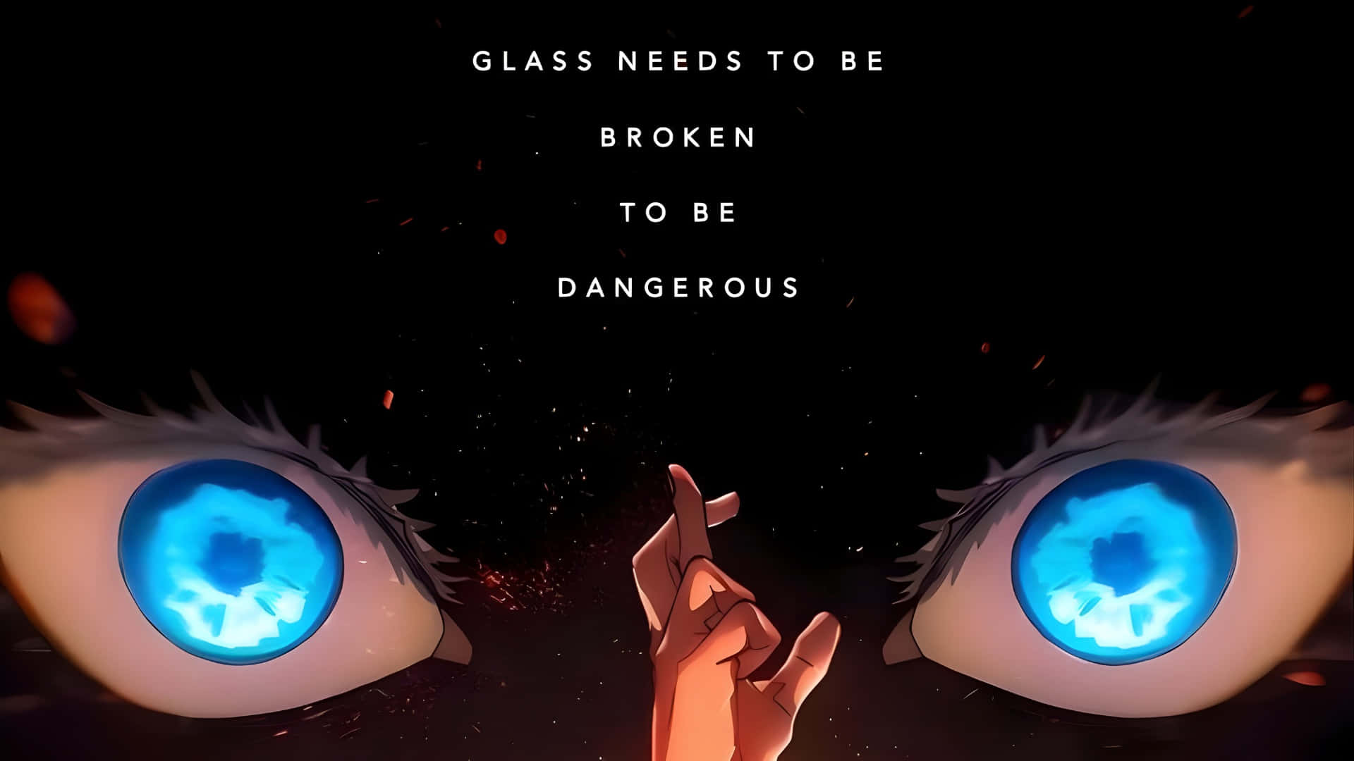 glowing blue anime eyes, dark background, floating embers, Full HD Desktop Wallpaper