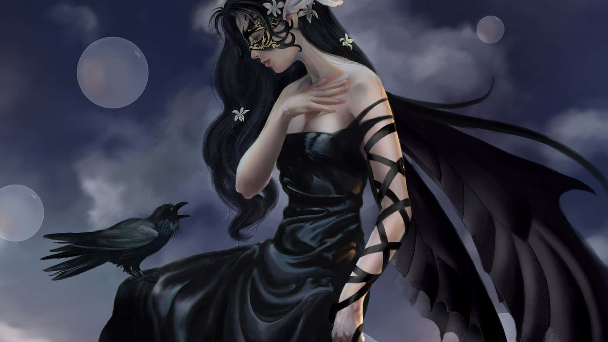 Evil Fairy, black gown, bat wings, Full HD Desktop Wallpaper