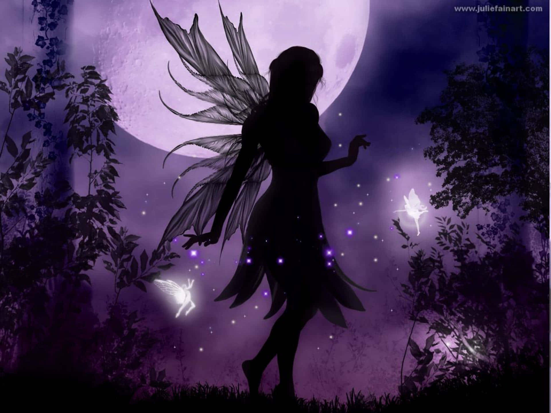 Evil Fairy, glowing purple moon, glowing fireflies, Full HD Desktop Wallpaper