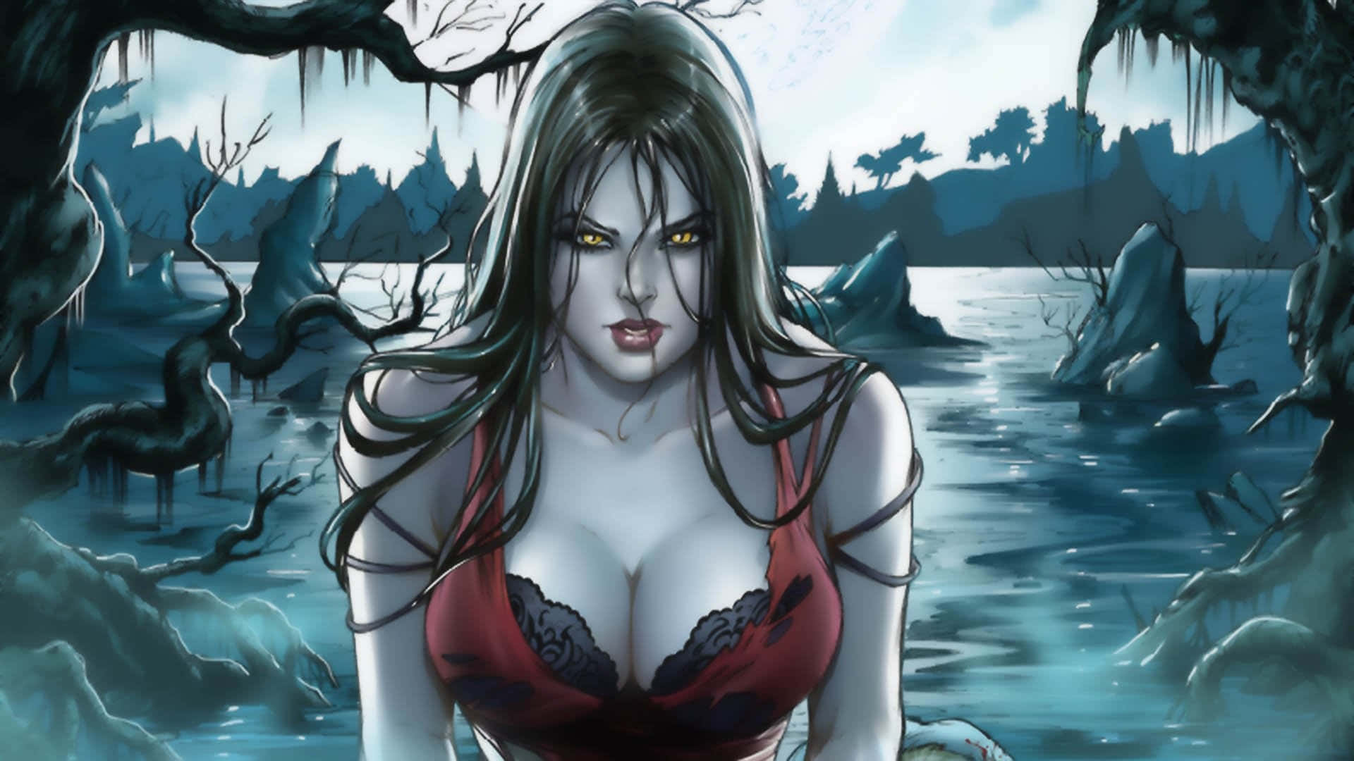 Evil Fairy, pale woman, glowing yellow eyes, Full HD Desktop Wallpaper