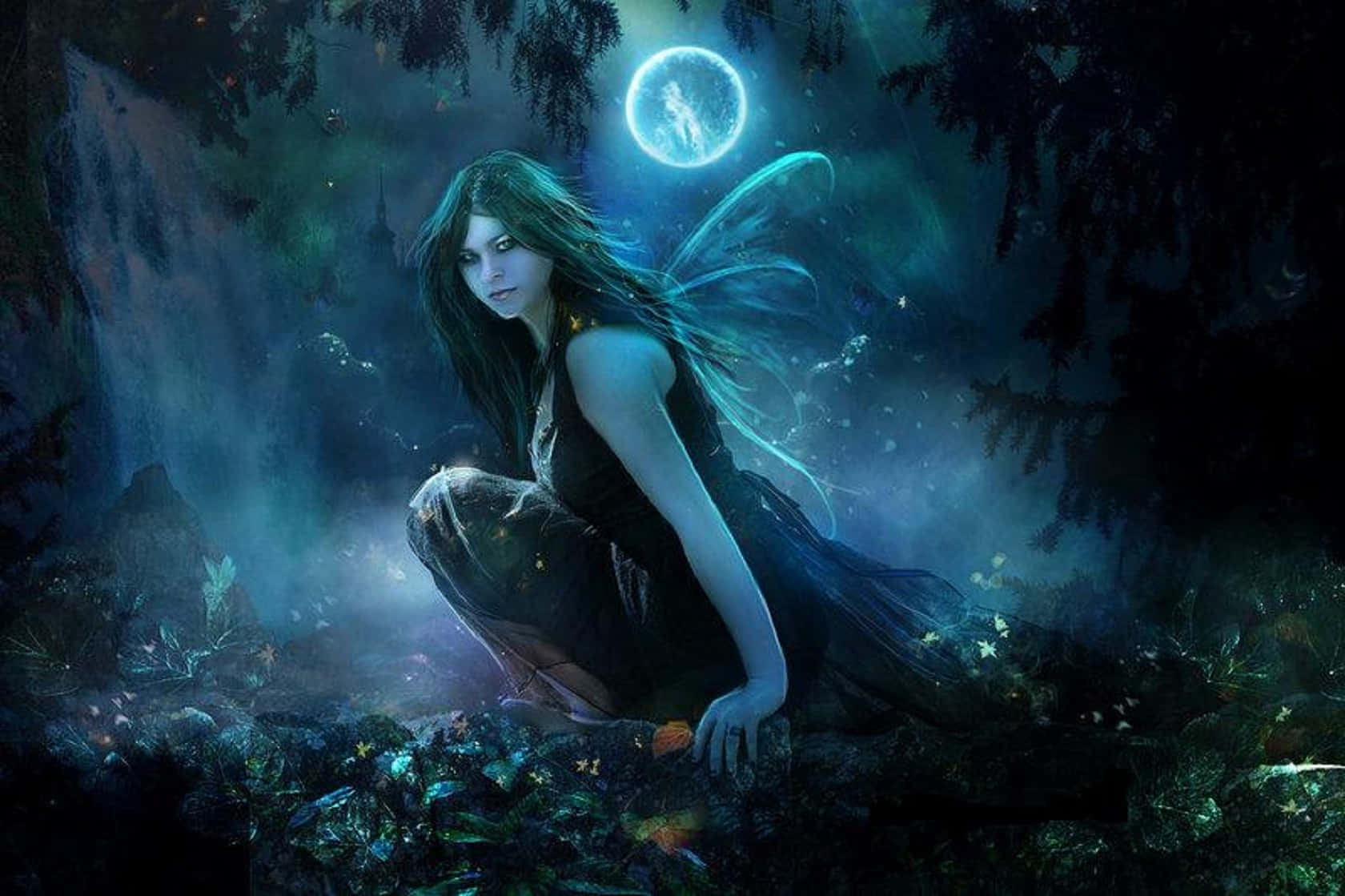 Evil Fairy, glowing wings, moonlit forest, HD Desktop Wallpaper