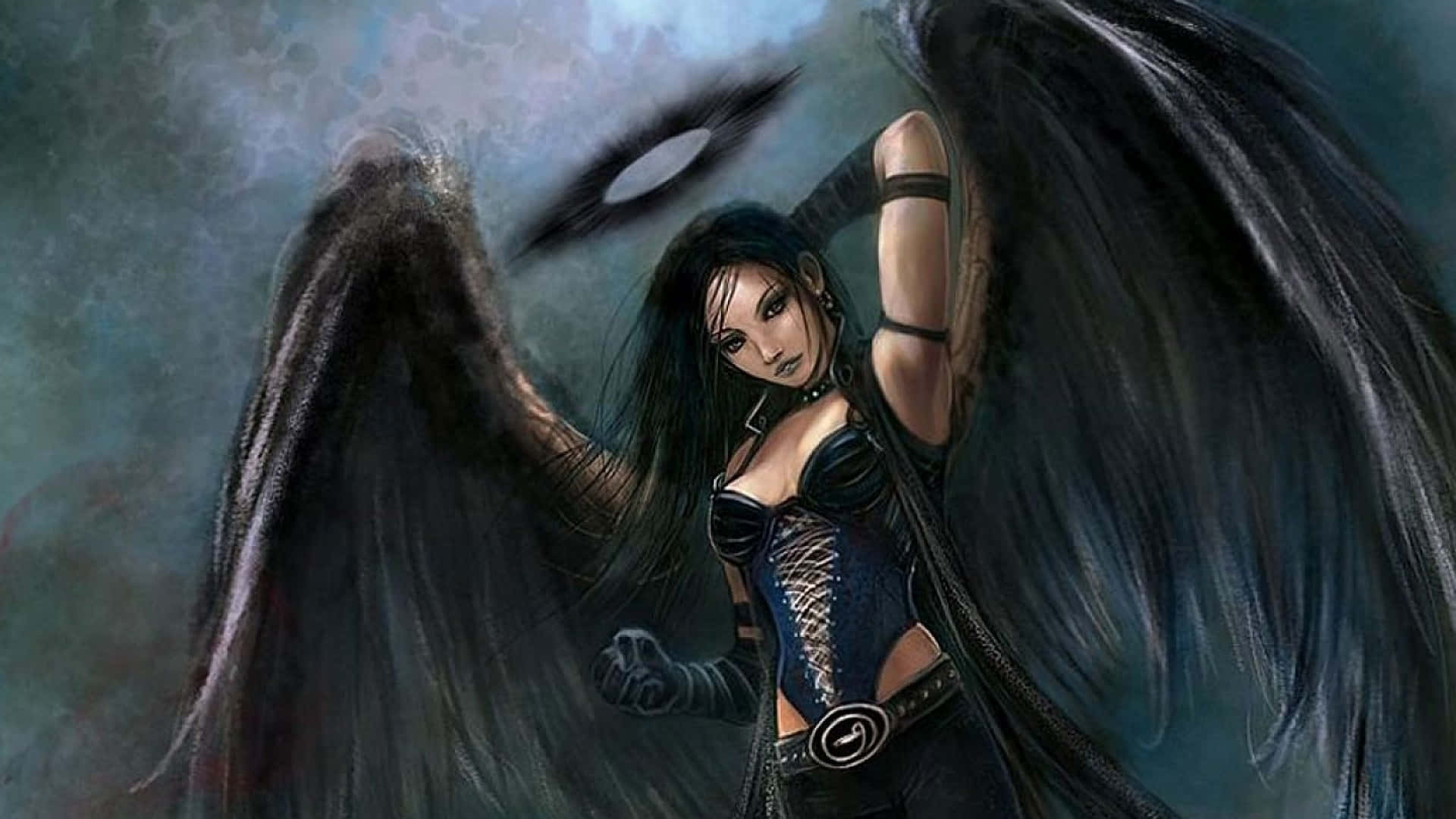 Evil Fairy, dark-winged female angel, black leather armor, Full HD Desktop Wallpaper