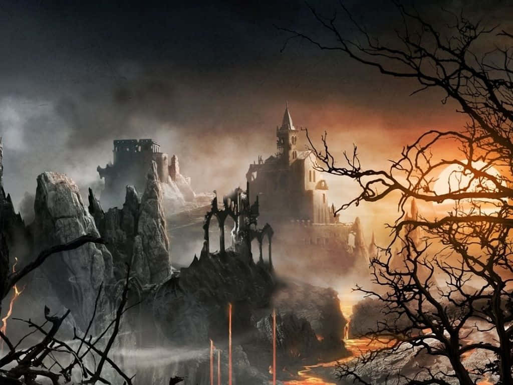 Evil Fairy, gothic castle, jagged cliffs, SD Desktop Wallpaper