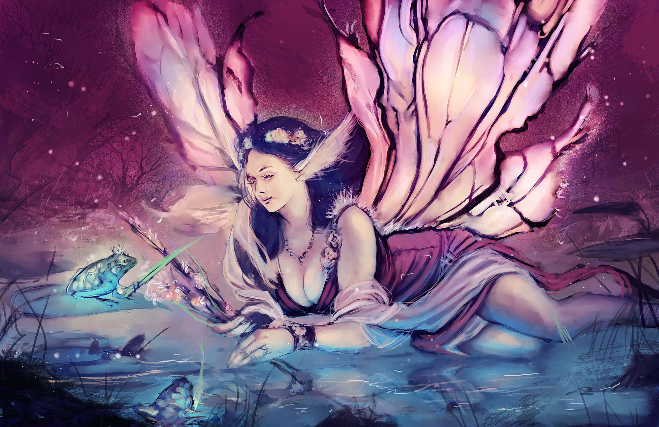Evil Fairy, pink translucent wings, glowing water, 2K Desktop Wallpaper