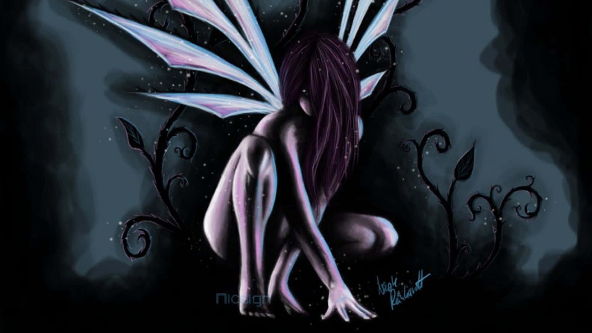 Evil Fairy, glowing purple wings, shadowed foliage, Full HD Desktop Wallpaper