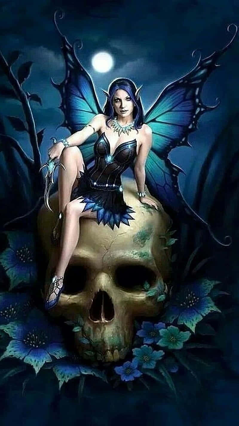 Evil Fairy, blue wings, skull, HD Phone Wallpaper