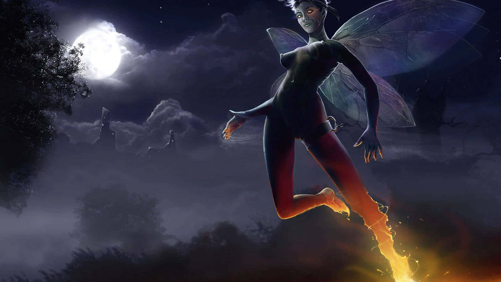 Evil Fairy, moonlit night sky, misty forest, HD Desktop Wallpaper