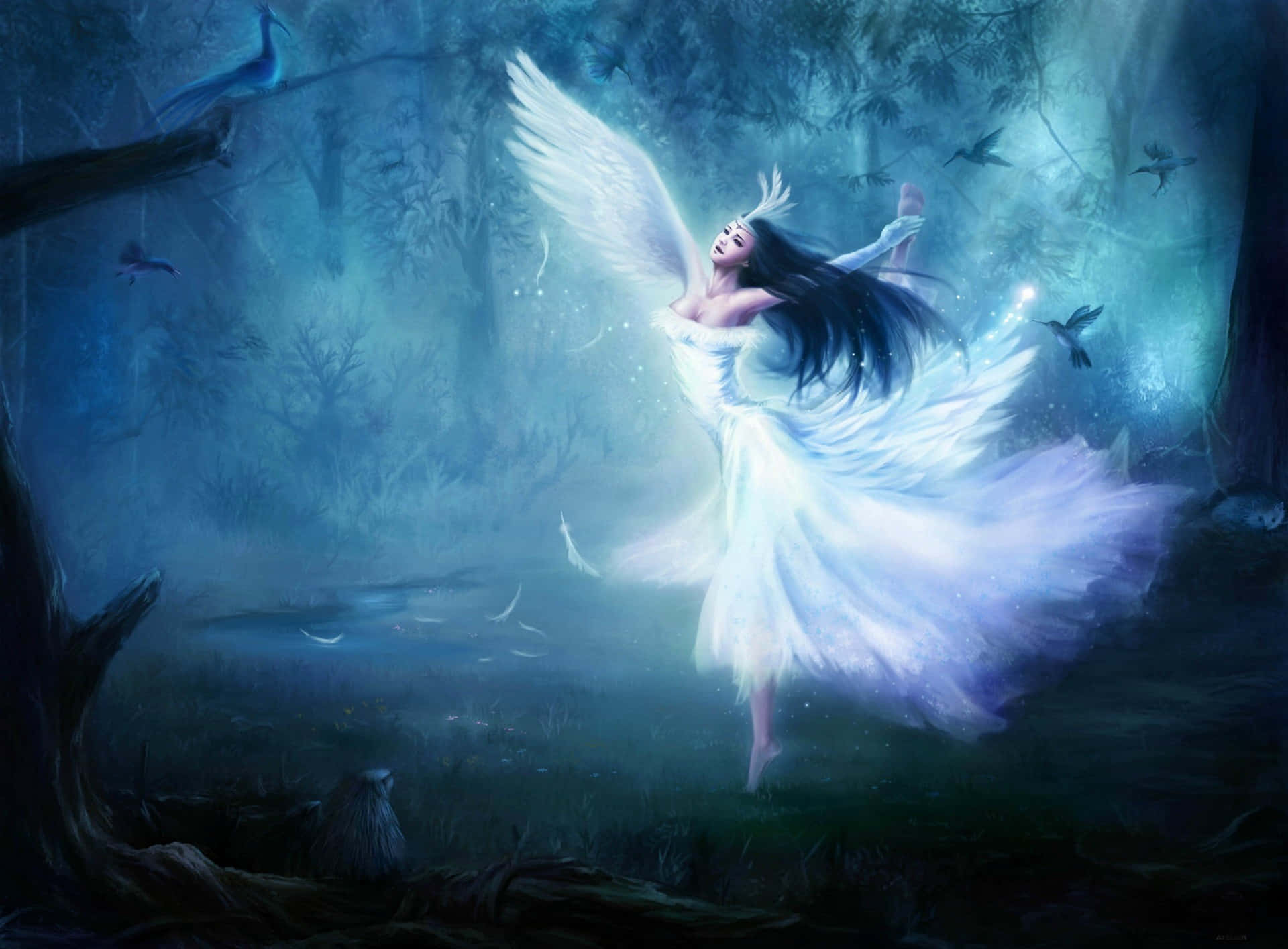 Evil Fairy, luminous angel, white wings, Full HD Desktop Wallpaper