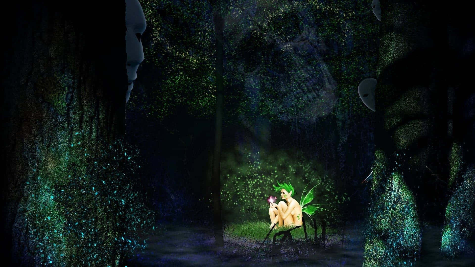 Evil Fairy, green wings, dark enchanted forest, Full HD Desktop Wallpaper
