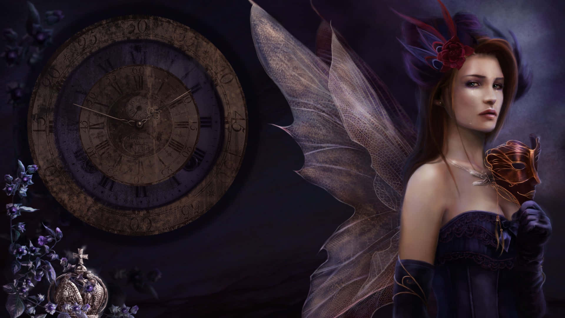 Evil Fairy, translucent wings, ornate antique clock, Full HD Desktop Wallpaper