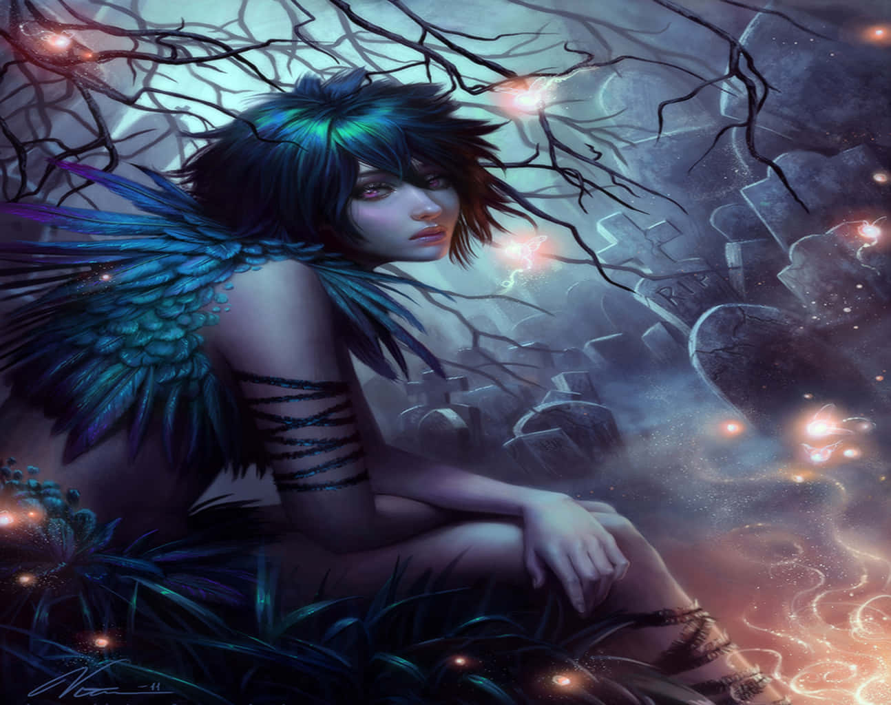 Evil Fairy, blue-winged fairy, glowing eyes, HD Desktop Wallpaper