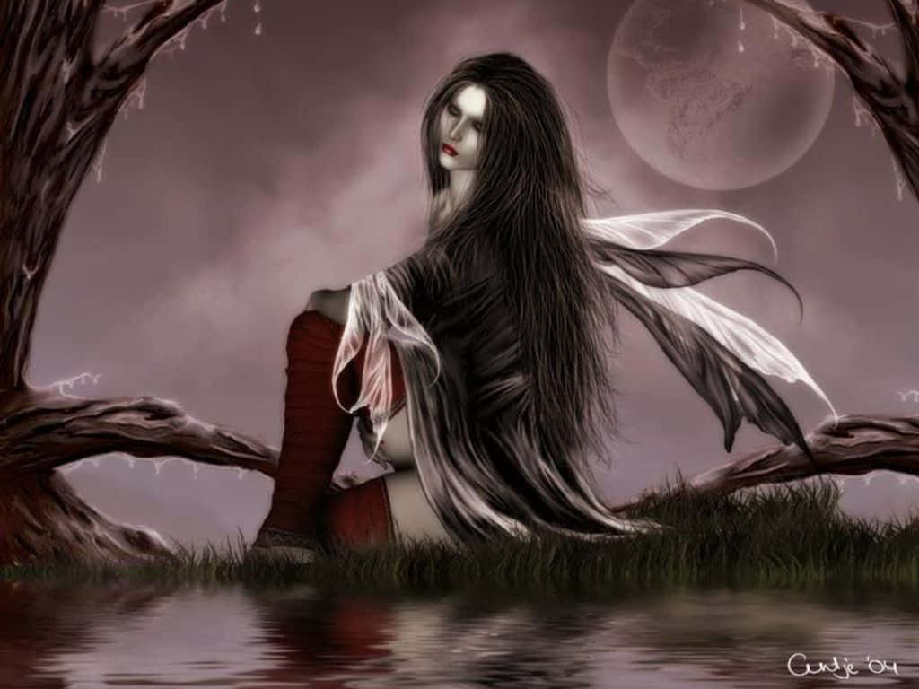 Evil Fairy, full moon, twisted trees, SD Desktop Wallpaper