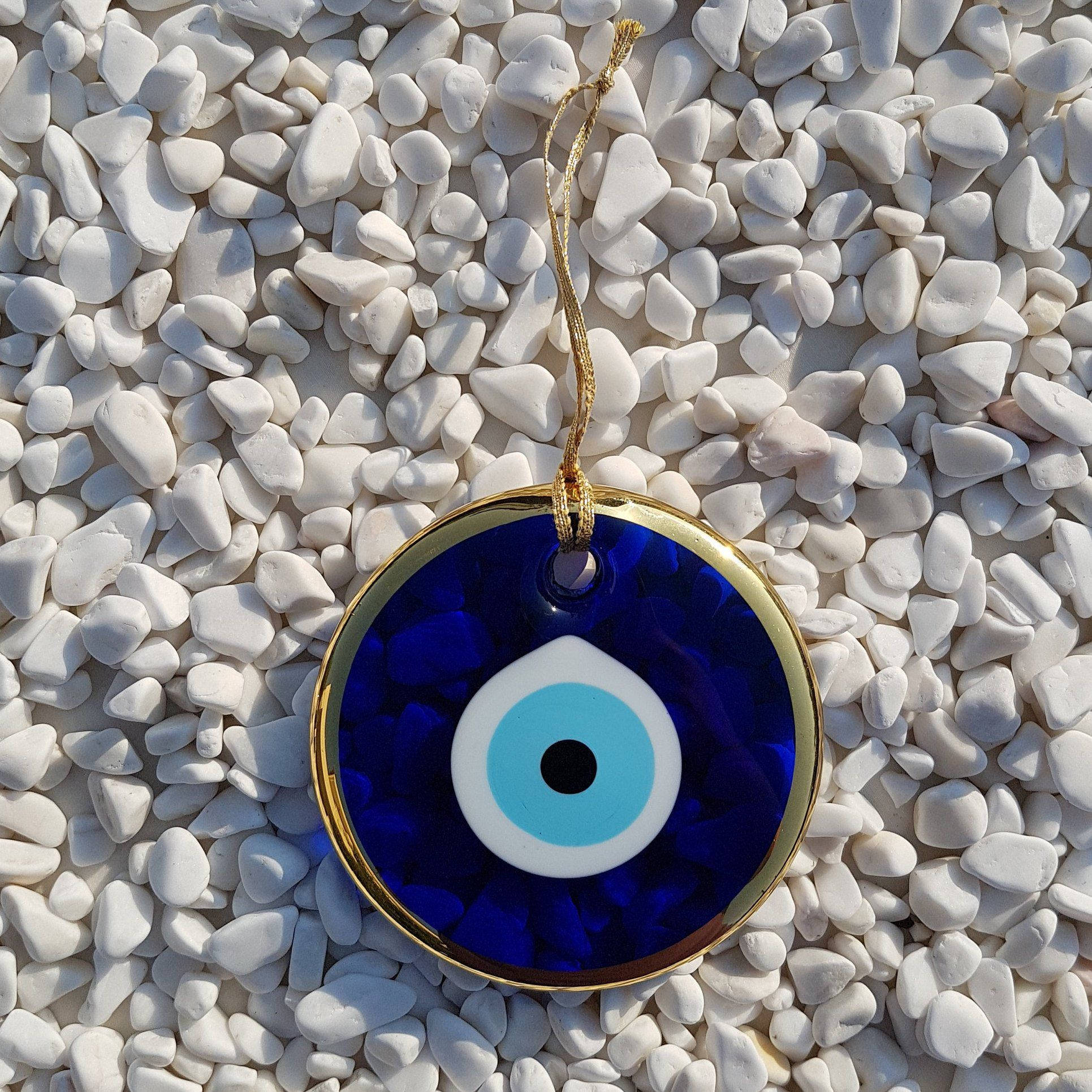 evil eye amulet, vibrant blue, gold rim, Full HD Desktop Wallpaper
