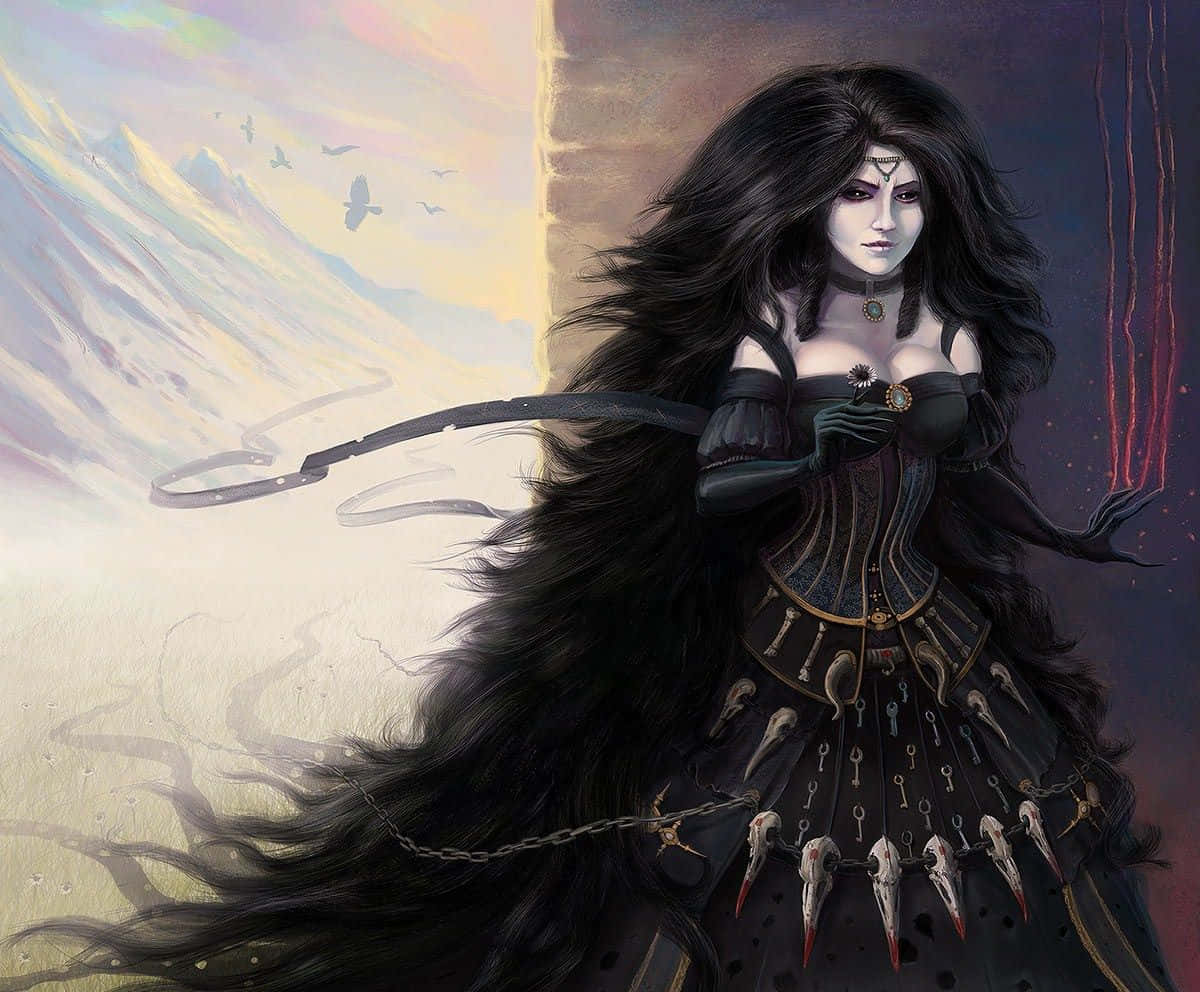 evil witch, dark-haired fantasy woman, ornate black armor, SD Desktop Wallpaper