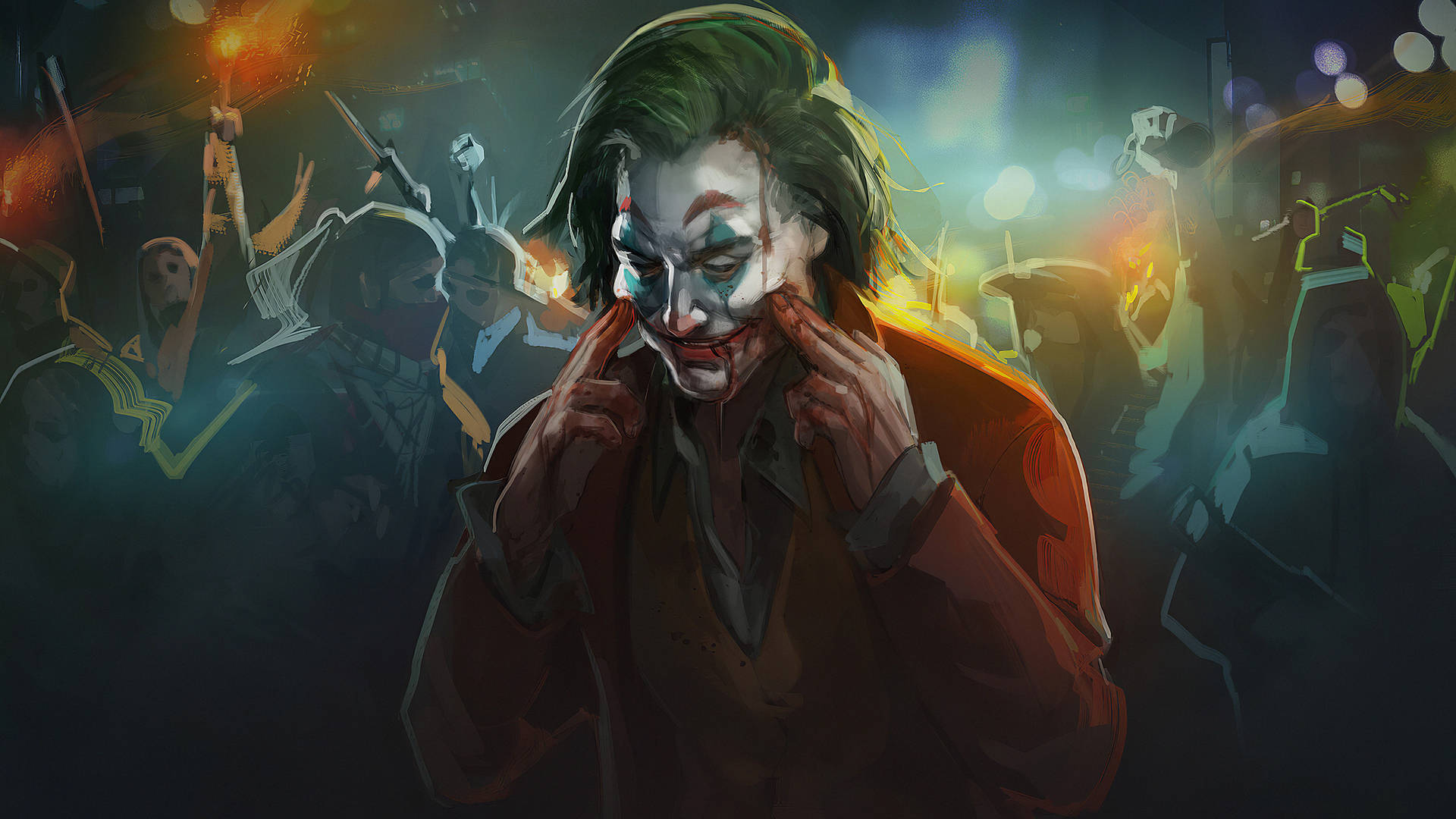 Joker, red coat, neon-drenched night scene, Full HD Desktop Wallpaper