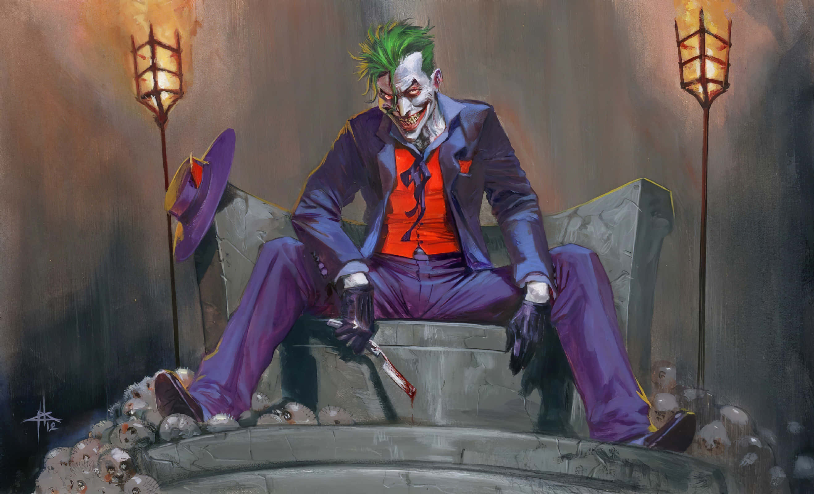 The Joker, stone throne, skulls, 2K Desktop Wallpaper