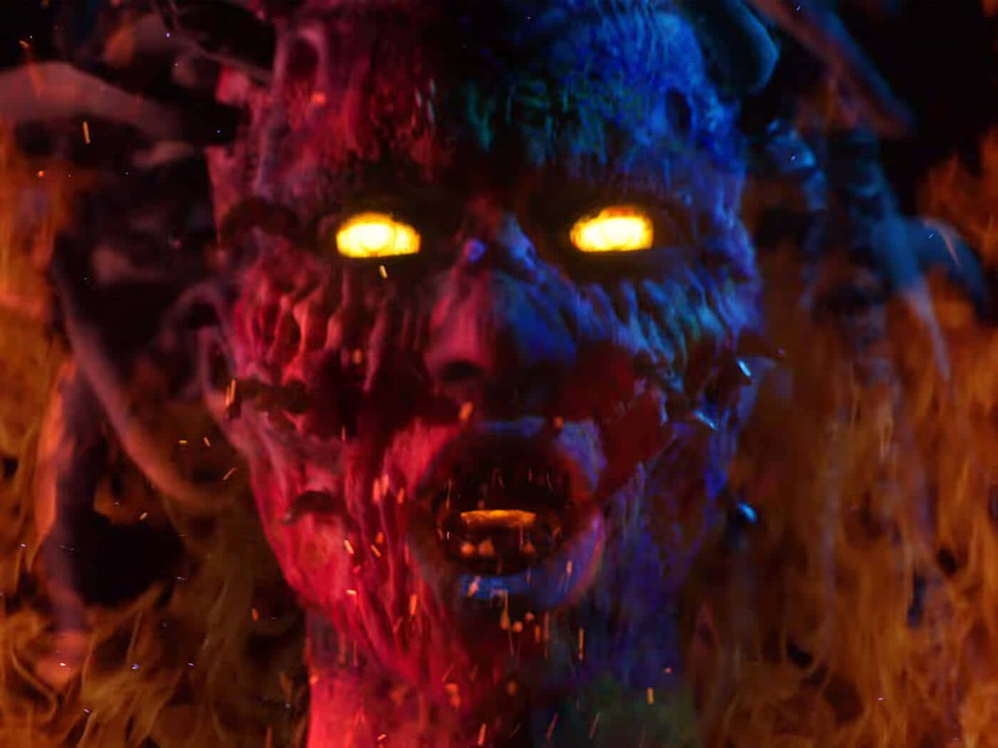 Evil Morty, glowing yellow eyes, fiery red blue skin, HD Desktop Wallpaper