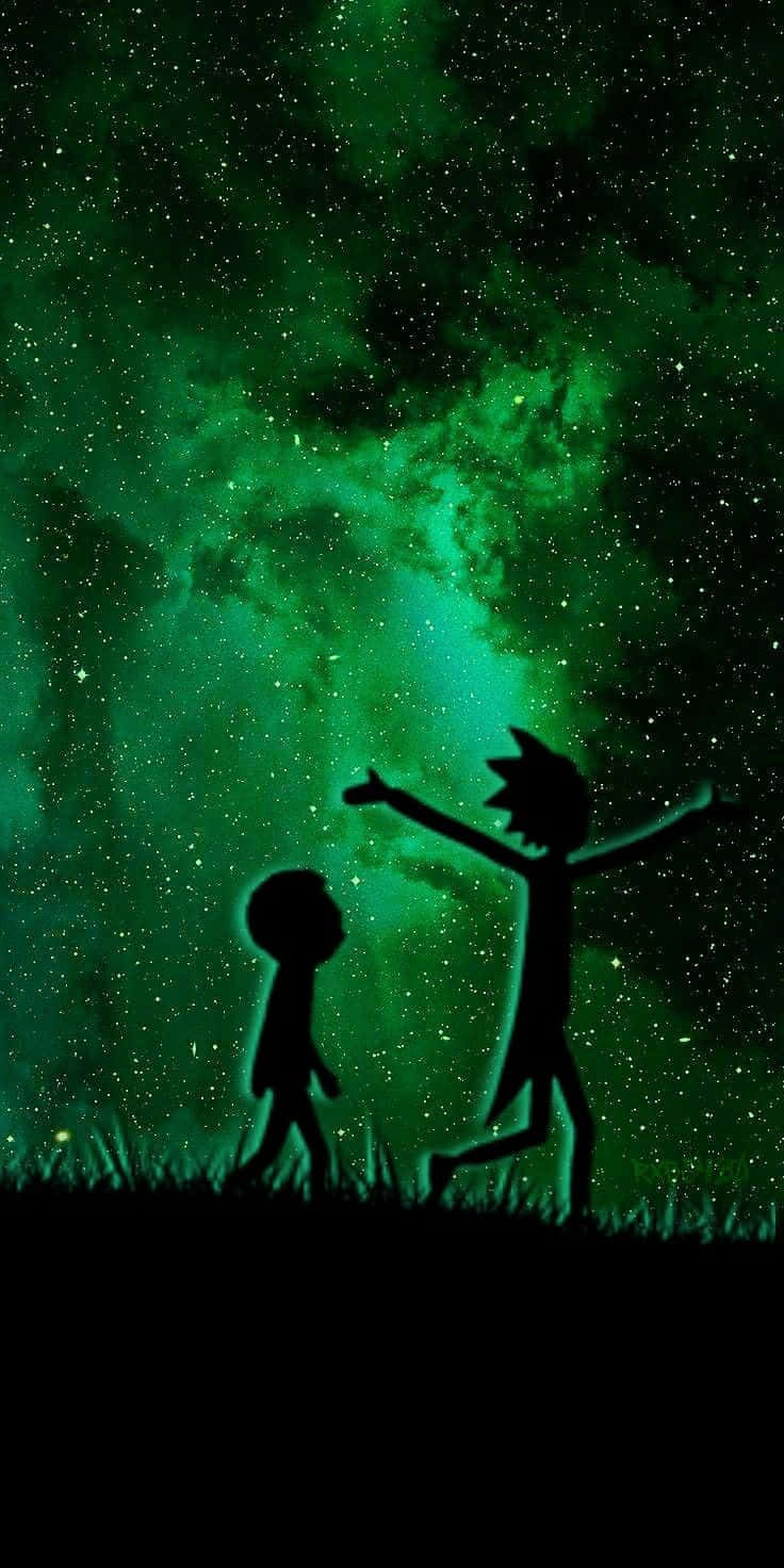 Evil Morty, vibrant green starry nebula sky, grass, HD Phone Wallpaper