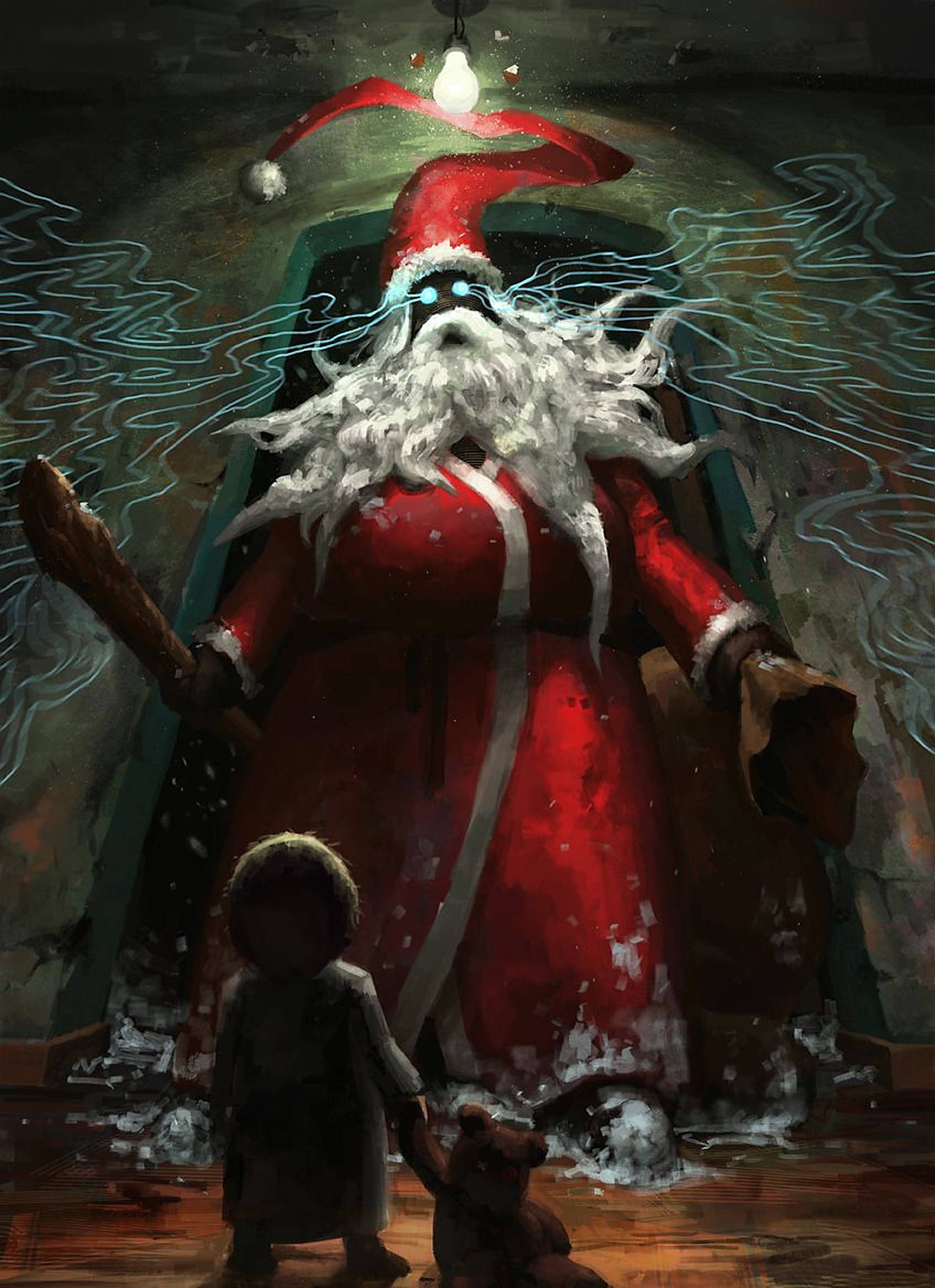 Evil Santa, glowing eyes, electric blue energy swirls, Full HD Phone Wallpaper
