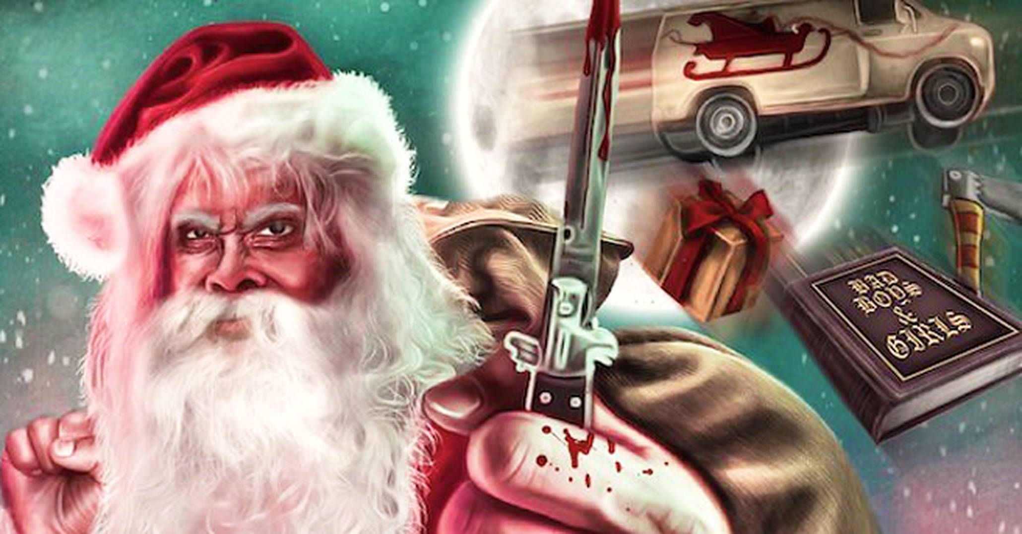 Evil Santa, bloody knife, flying sleigh, Full HD Desktop Wallpaper