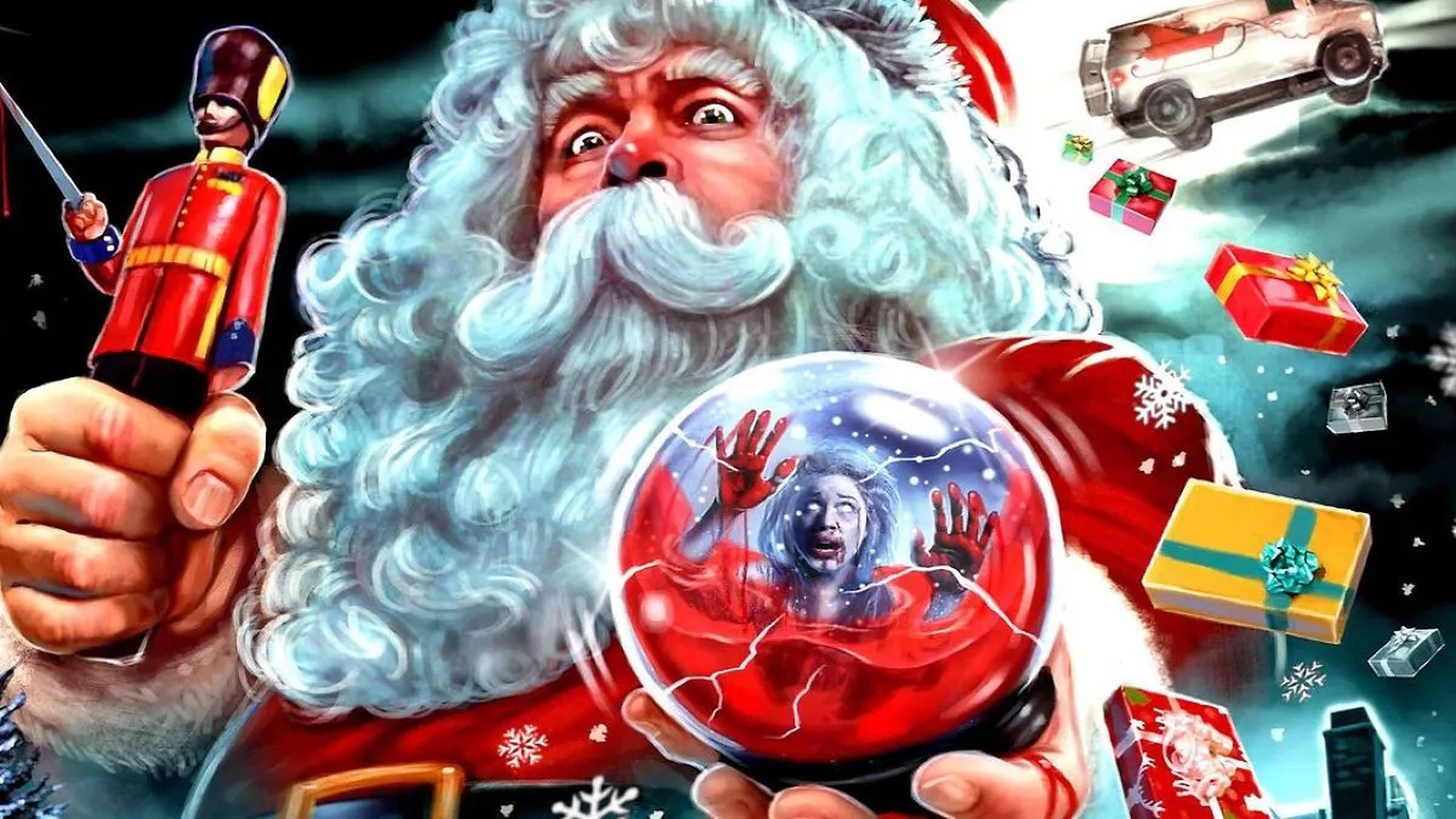 Evil Santa, snow globe, screaming woman, Full HD Desktop Wallpaper