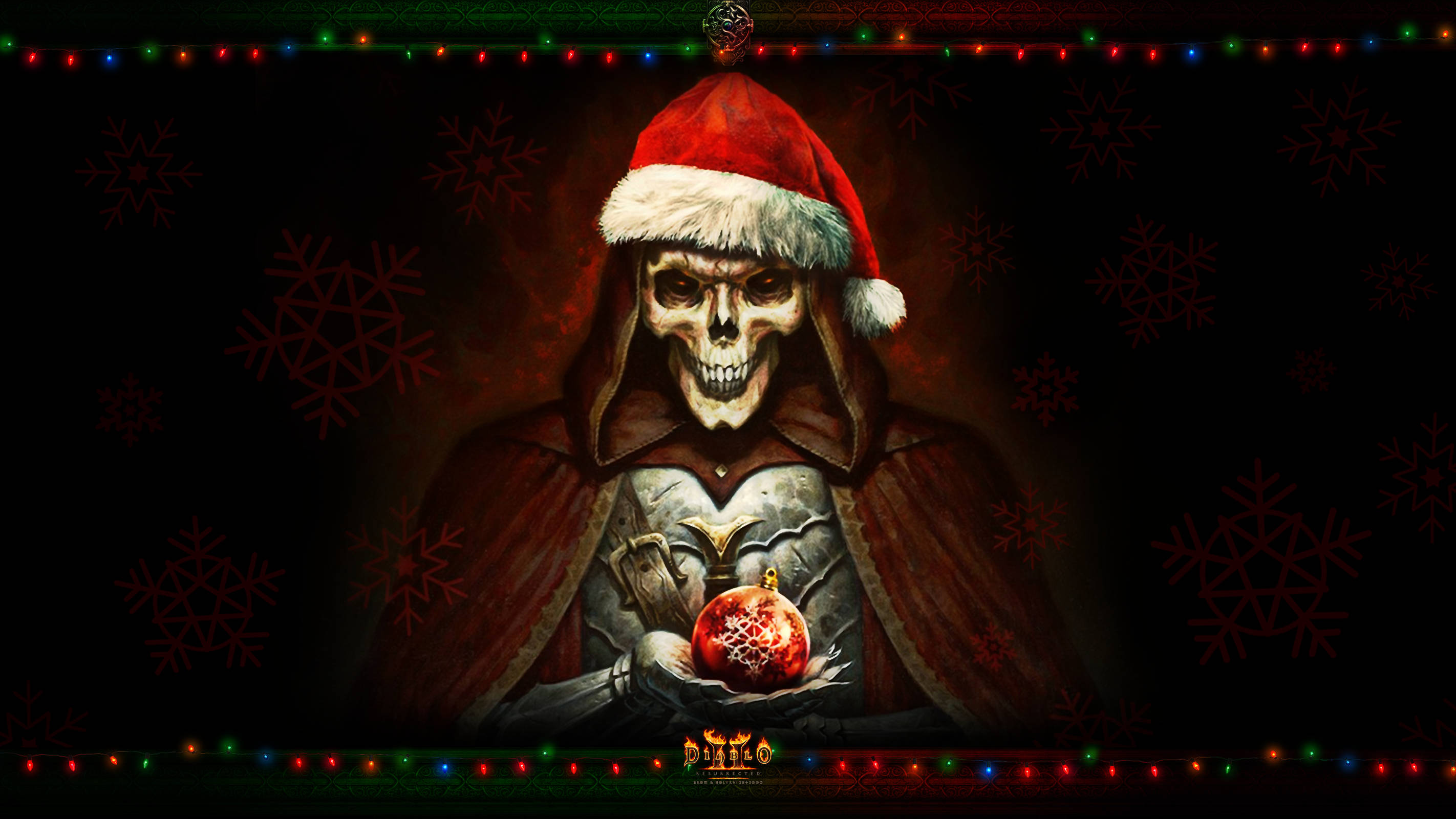skeletal figure, Santa hat, glowing red ornament, 2K Desktop Wallpaper