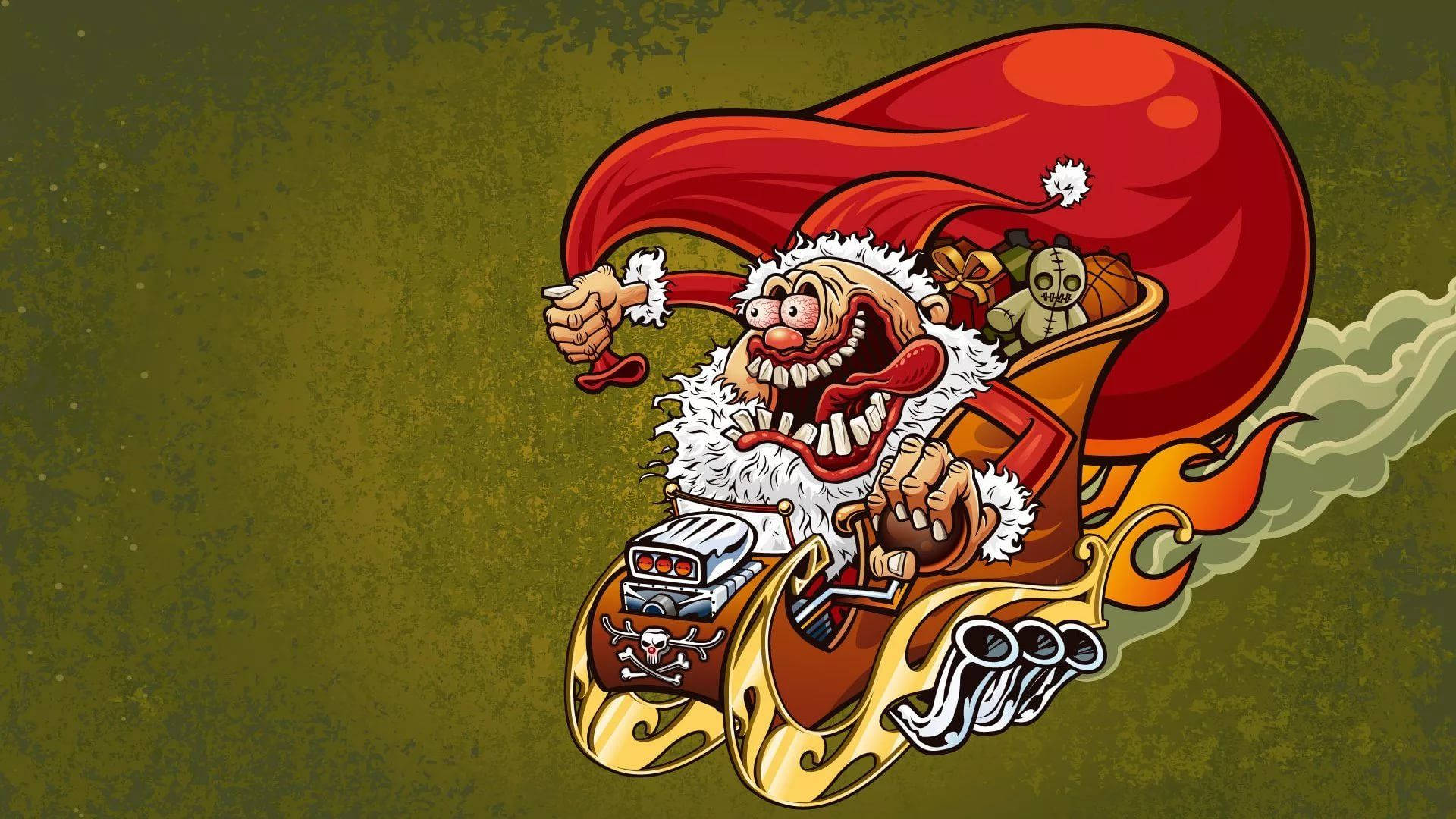 Evil Santa, flame-powered sleigh, skull decorations, Full HD Desktop Wallpaper