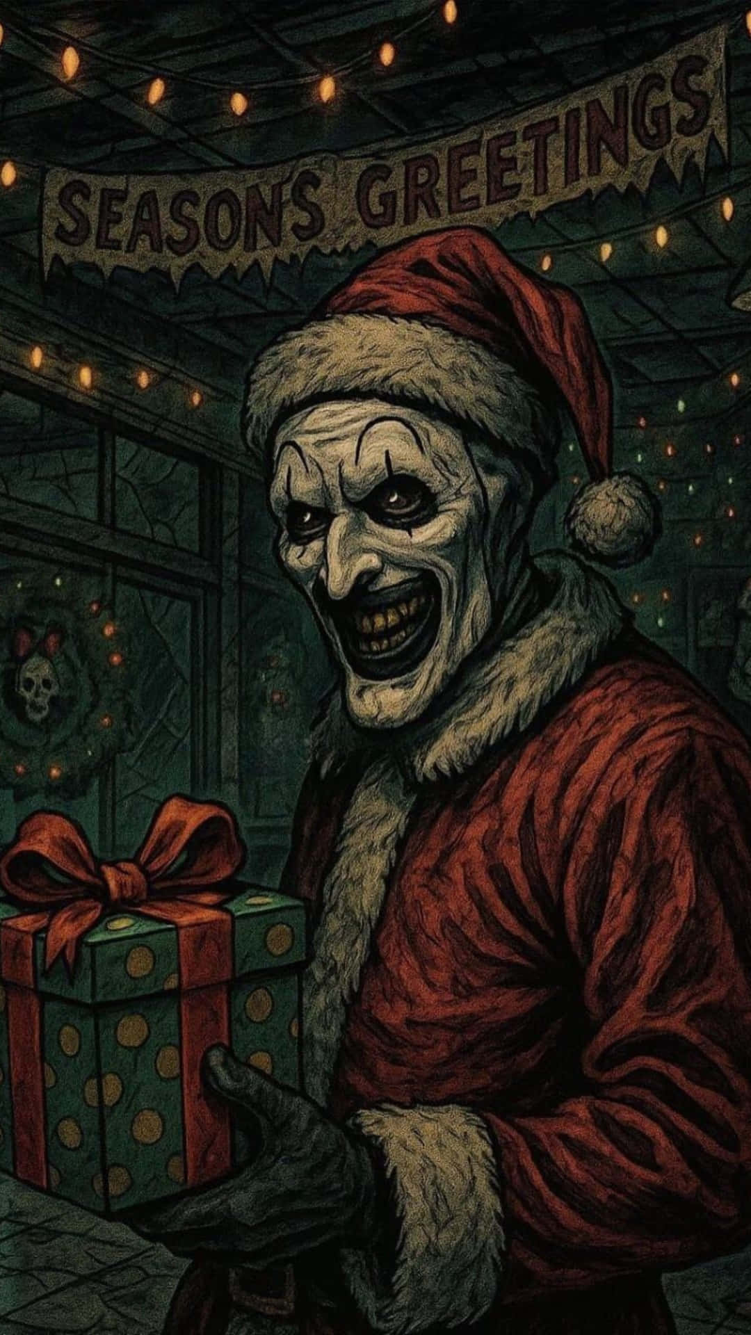clown-faced Santa, red suit, gift box, Full HD Phone Wallpaper