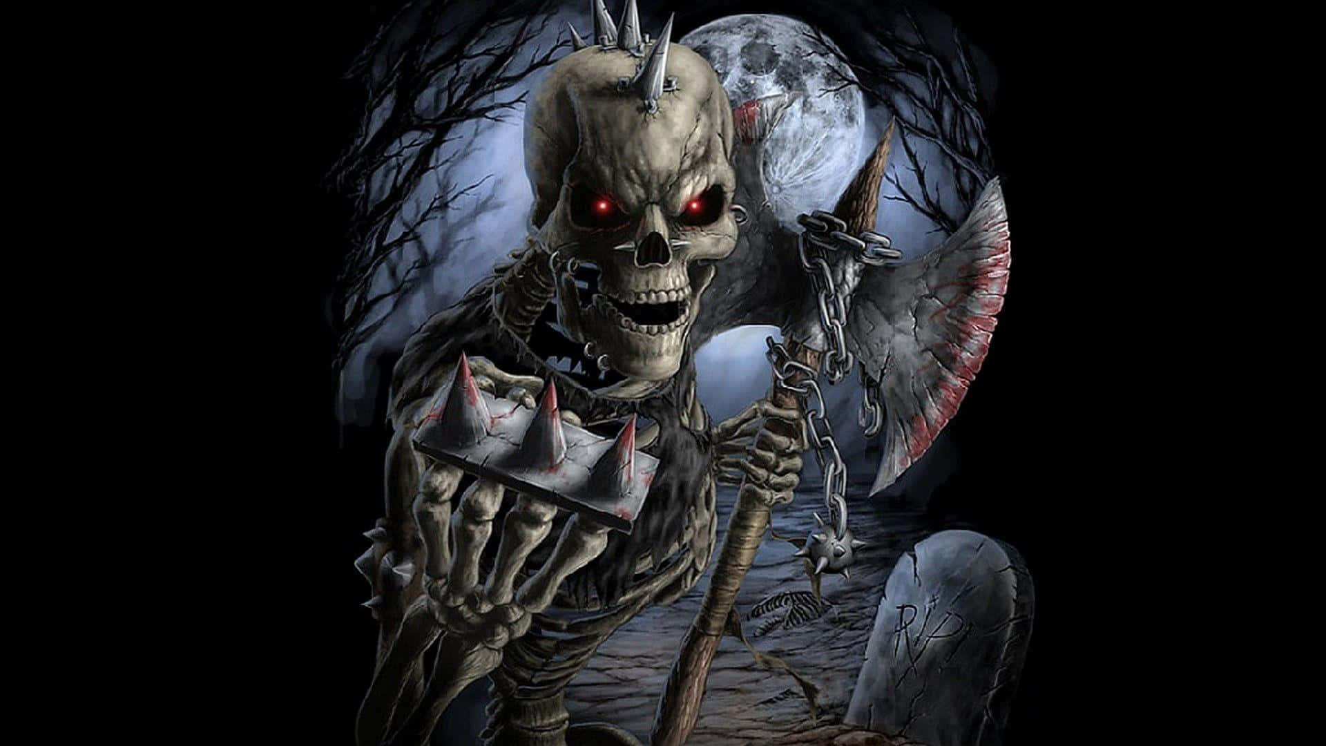 Evil Skull, glowing red eyes, spiked axe, Full HD Desktop Wallpaper